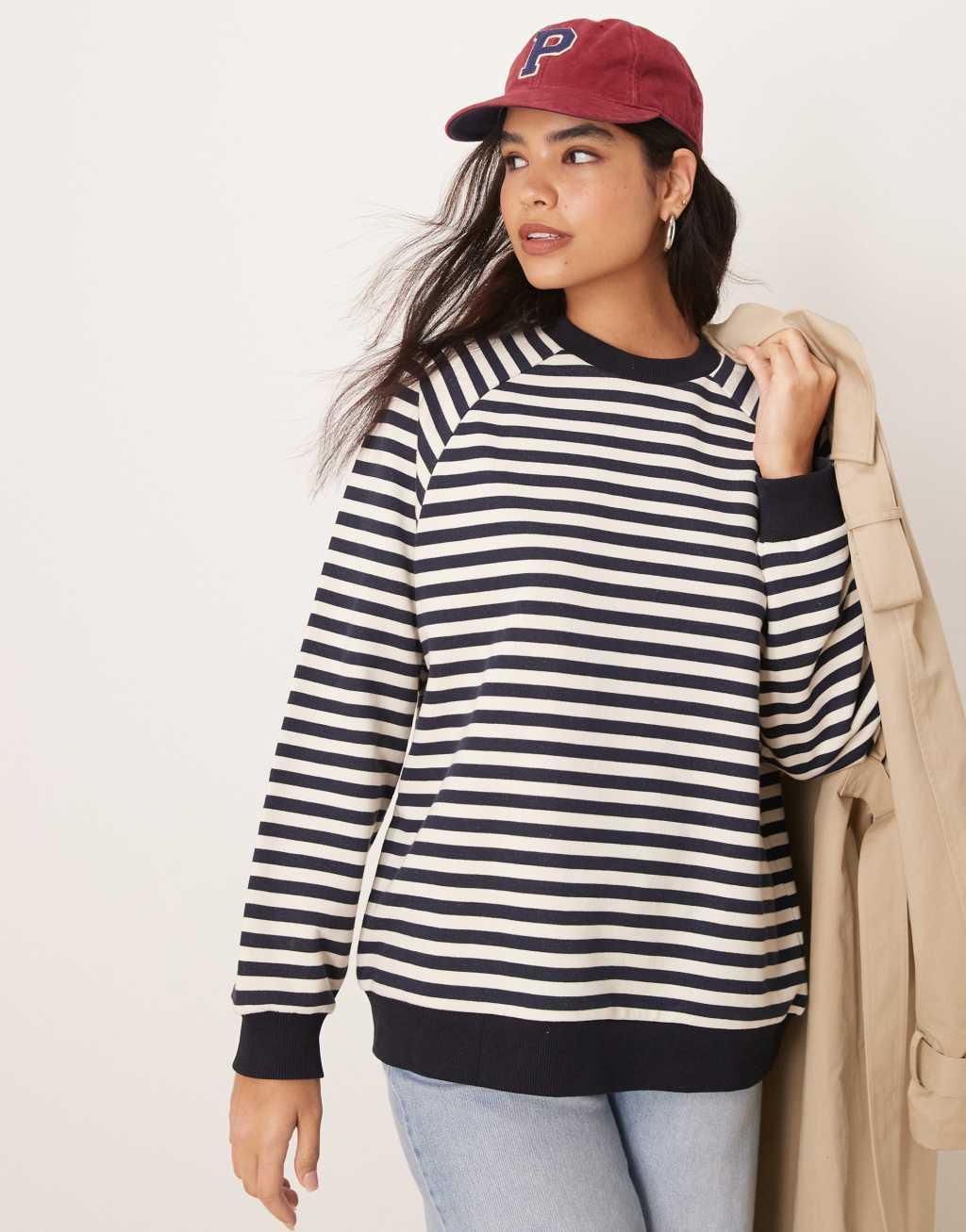 ASOS DESIGN oversized stripe long sleeve sweat with navy rib Product Image