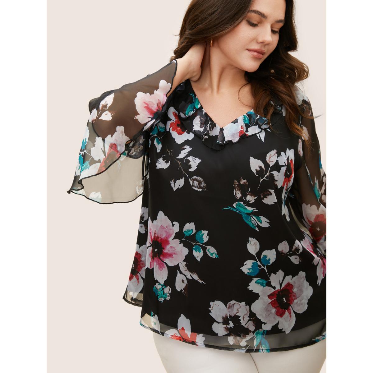 Plus Size Black Chiffon Floral Ruffles Mesh Blouse Women Elegant Elbow-length sleeve V-neck Everyday Blouses BloomChic 18-20/2X Product Image
