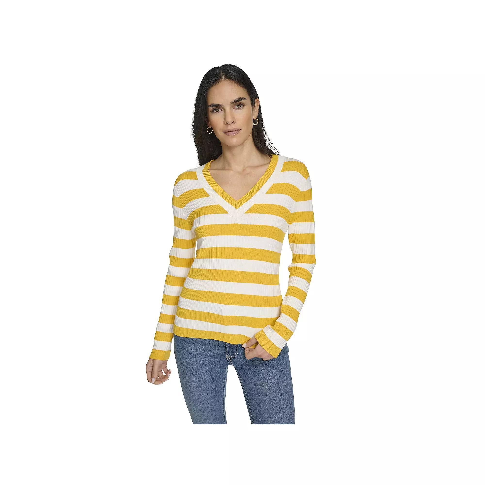 Women's Nautica Striped V-Neck Sweater, Size: Medium, Gold Stripe Product Image