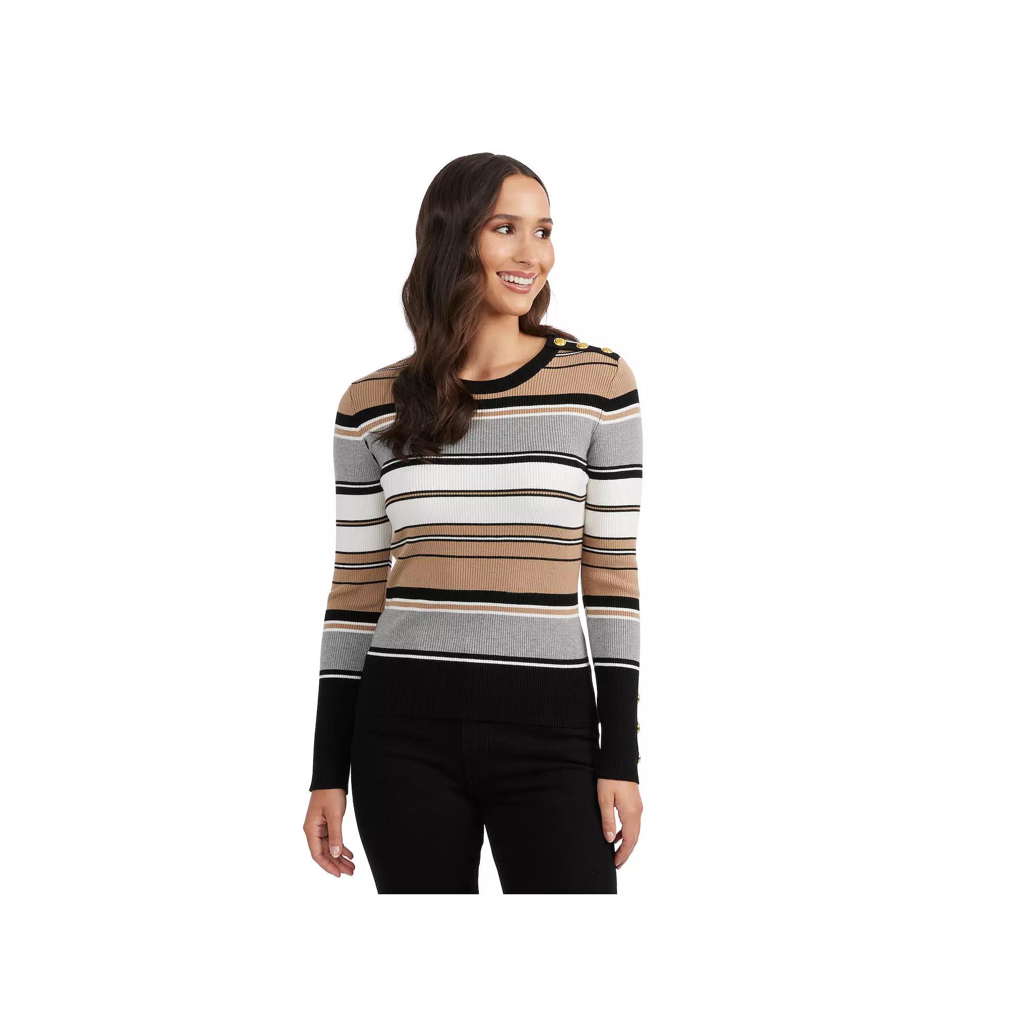 Women's Ellen Tracy Crewneck Button Shoulder Rib Sweater, Size: Medium, Black Team Stripe Product Image