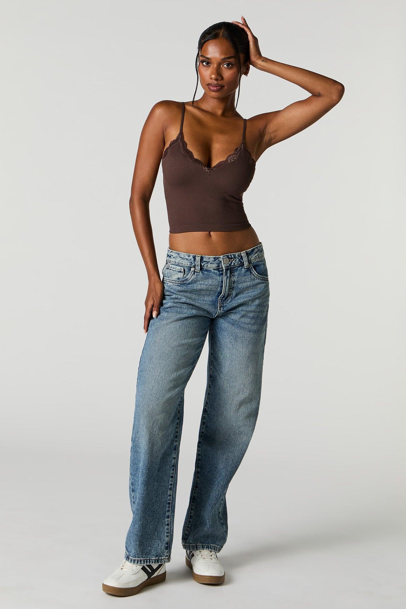 Seamless Ribbed Lace Trim Cami with Built-In Bra Cups Female Product Image