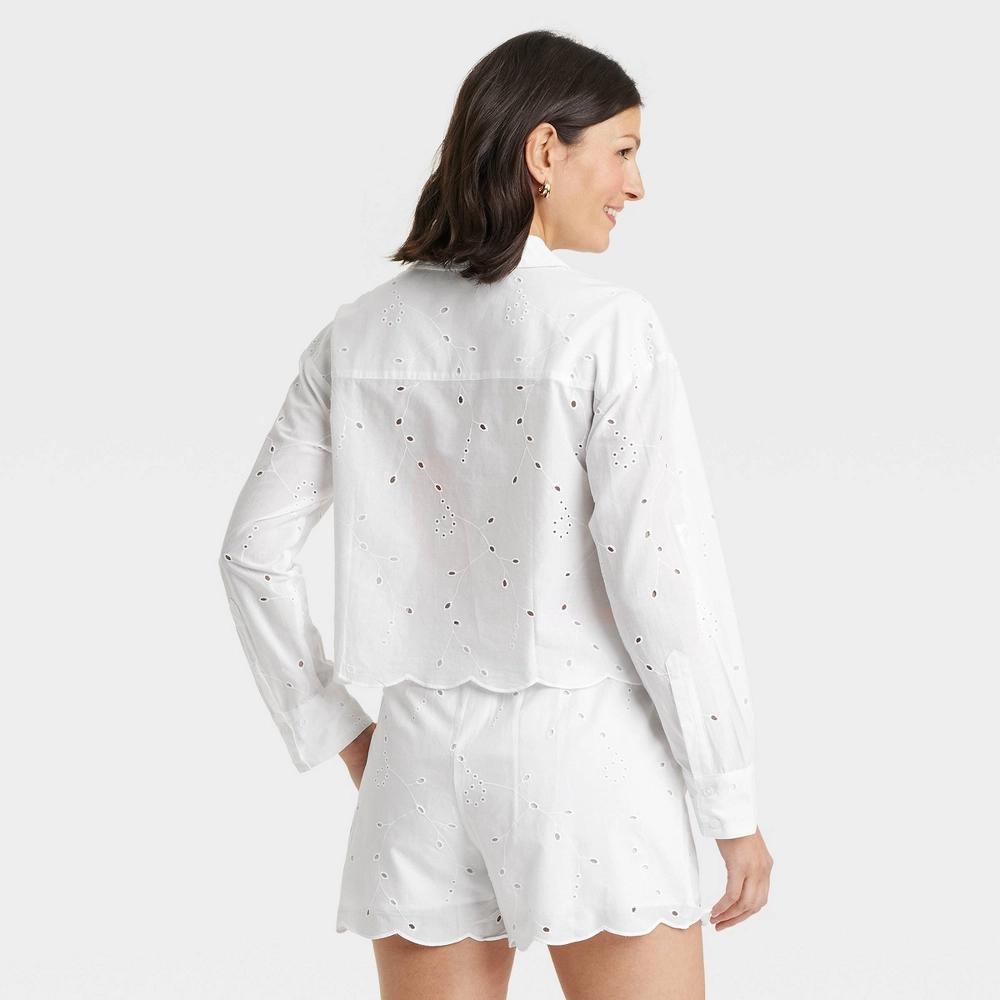 Women's Eyelet Long Sleeve Button-Down Shirt - A New Day™ White 3X: Casual V Neck Woven Cotton, Lightweight Solid Top Product Image