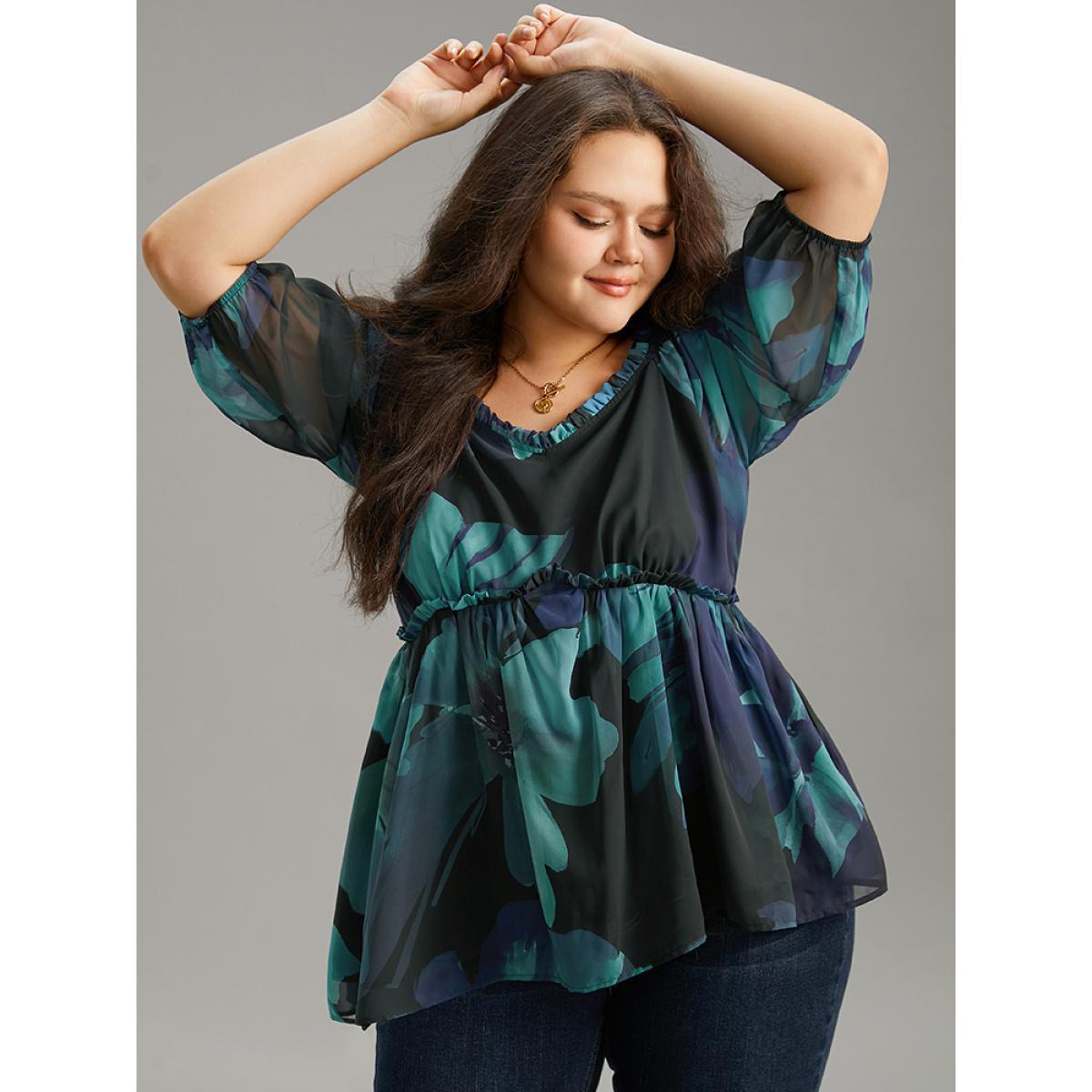 Plus Size Cyan Square Neck Floral Frill Trim Mesh Ruffles Blouse Women Elegant Elbow-length sleeve Square Neck Dailywear Blouses BloomChic 26/4X Product Image