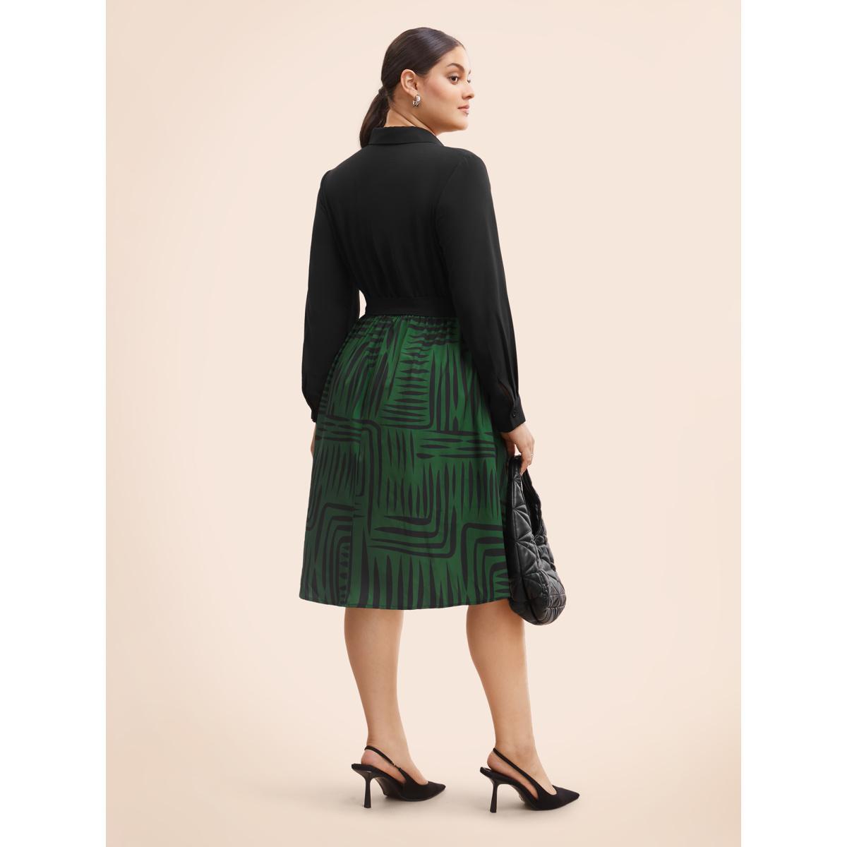Plus Size Geometric Patchwork Button Up Belted Dress Black Women At the Office Belted Shirt collar Long Sleeve Curvy BloomChic 10/M Product Image