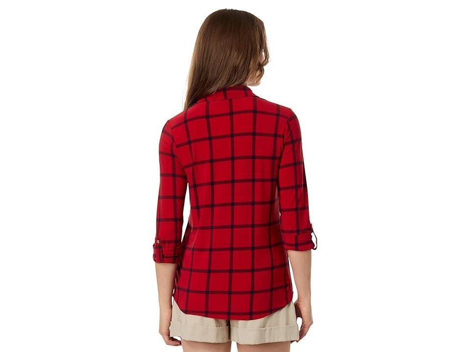 Tommy Hilfiger Long Sleeve Knit Plaid Roll Tab (Chili ) Women's Clothing Product Image