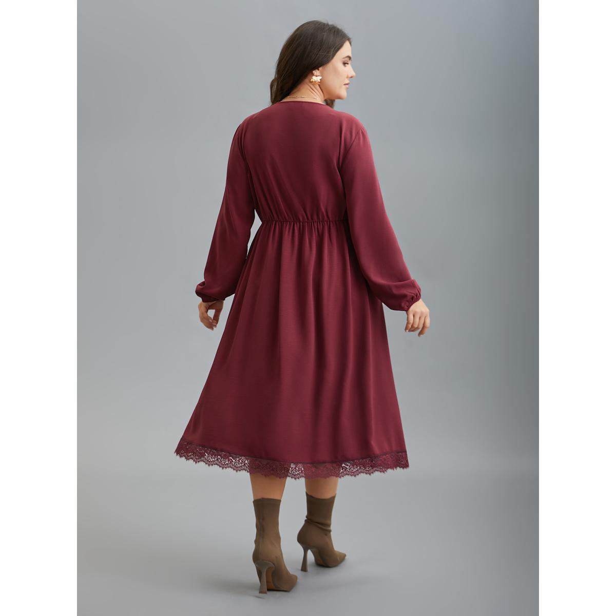Plus Size Lace Detail Surplice Neckline Midi Dress Burgundy Women Elegant Woven ribbon&lace trim Overlap Collar Long Sleeve Curvy BloomChic 30/6X Product Image