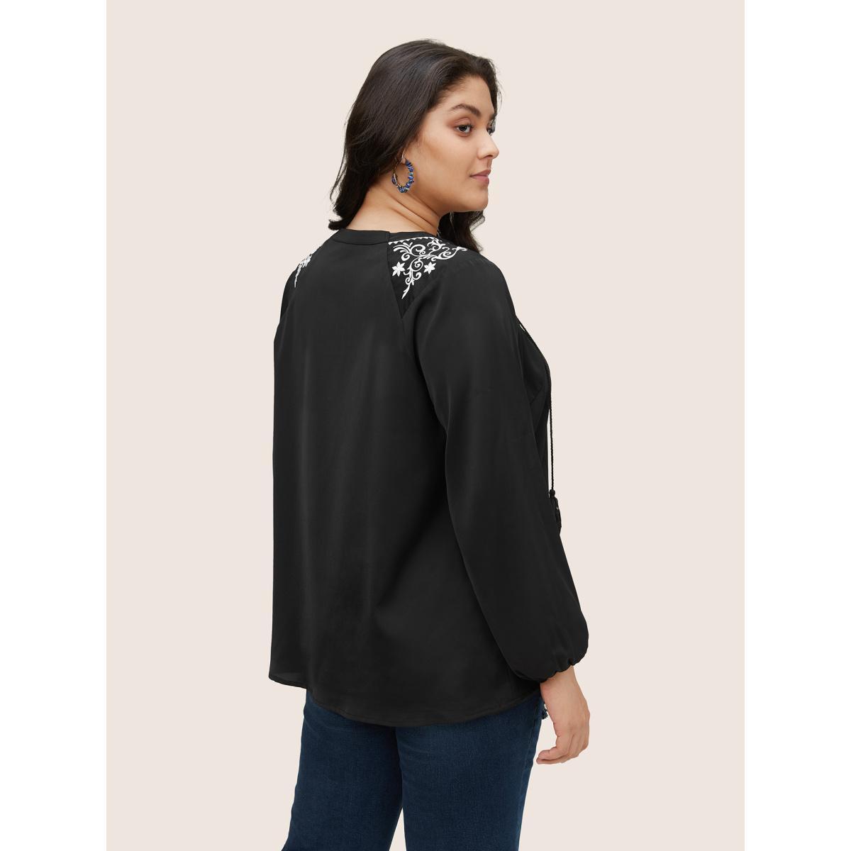 Plus Size Black Boho Print Tie Neck Tassels Lantern Sleeve Blouse Women Casual Long Sleeve Tie Neck Vacation Blouses BloomChic 18-20/2X Product Image