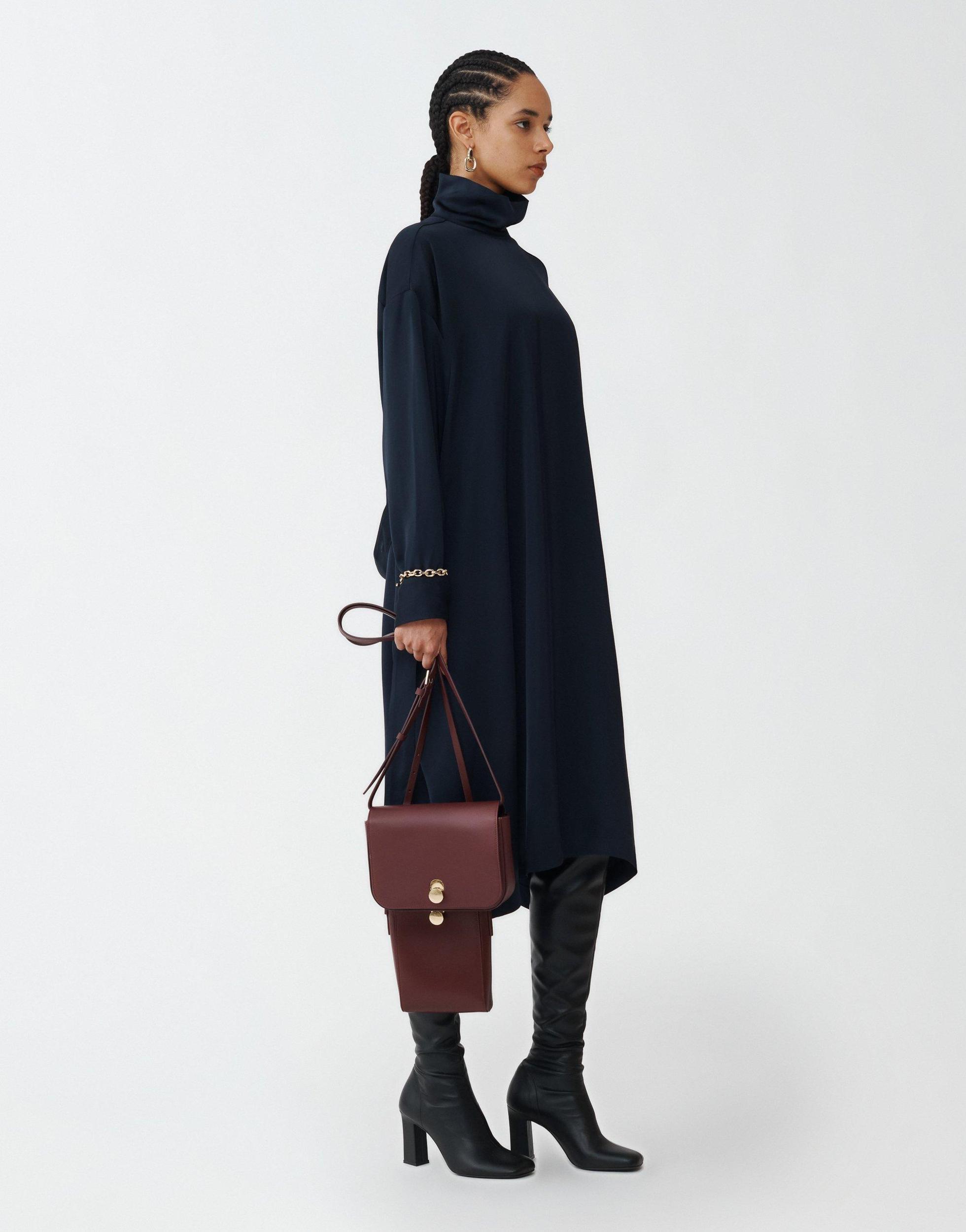 FABIANA FILIPPI Viscose Satin Dress With High Collar And Self Belt In Blue Product Image