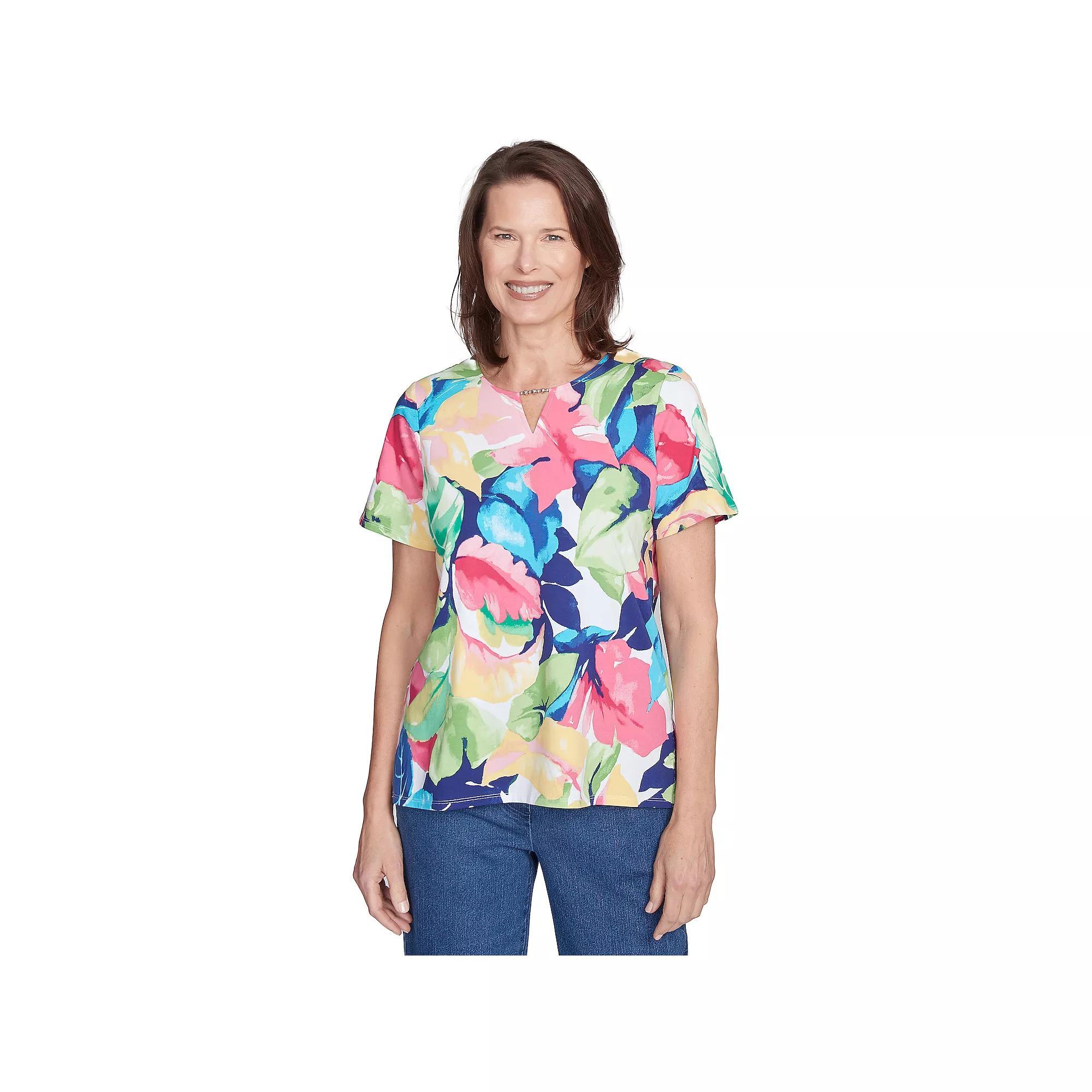 Petite Alfred Dunner Tropical Leaf Split Beaded Neck Top, Women's, Size: XL Petite, Bright Product Image