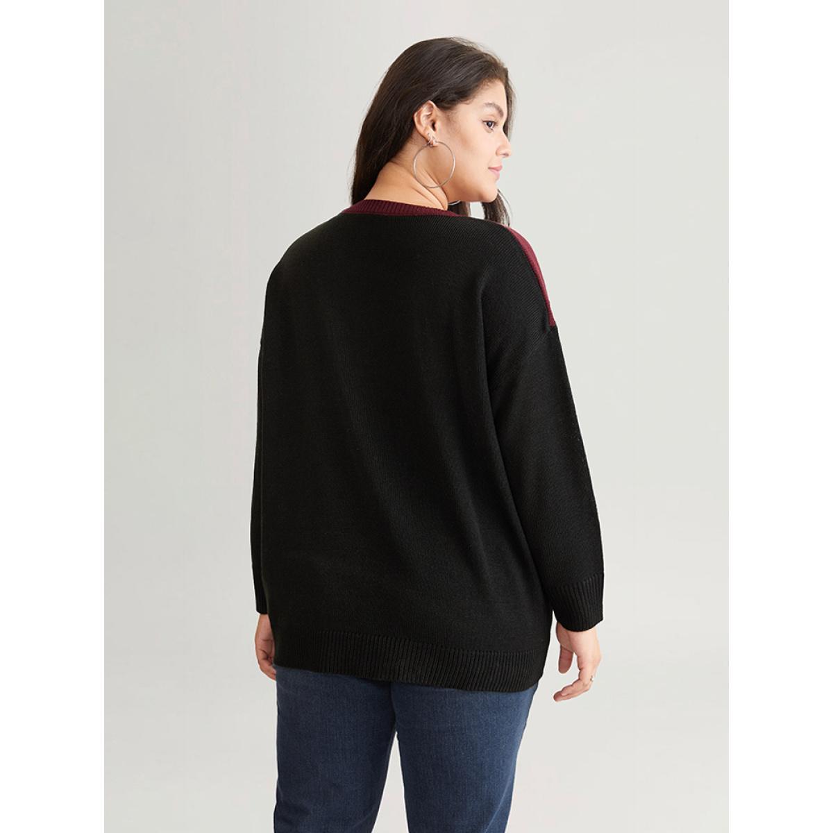 Plus Size Patchwork Colorblock Drop Shoulder Pullover Burgundy Women Casual Loose Long Sleeve Round Neck Dailywear Pullovers BloomChic 30/6X Product Image