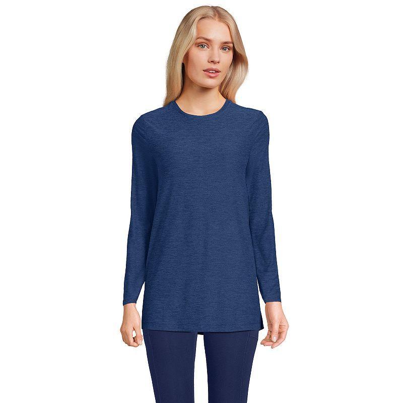 Petite Lands End Long Sleeve Performance Crew Neck Tunic, Womens Red Geo Product Image