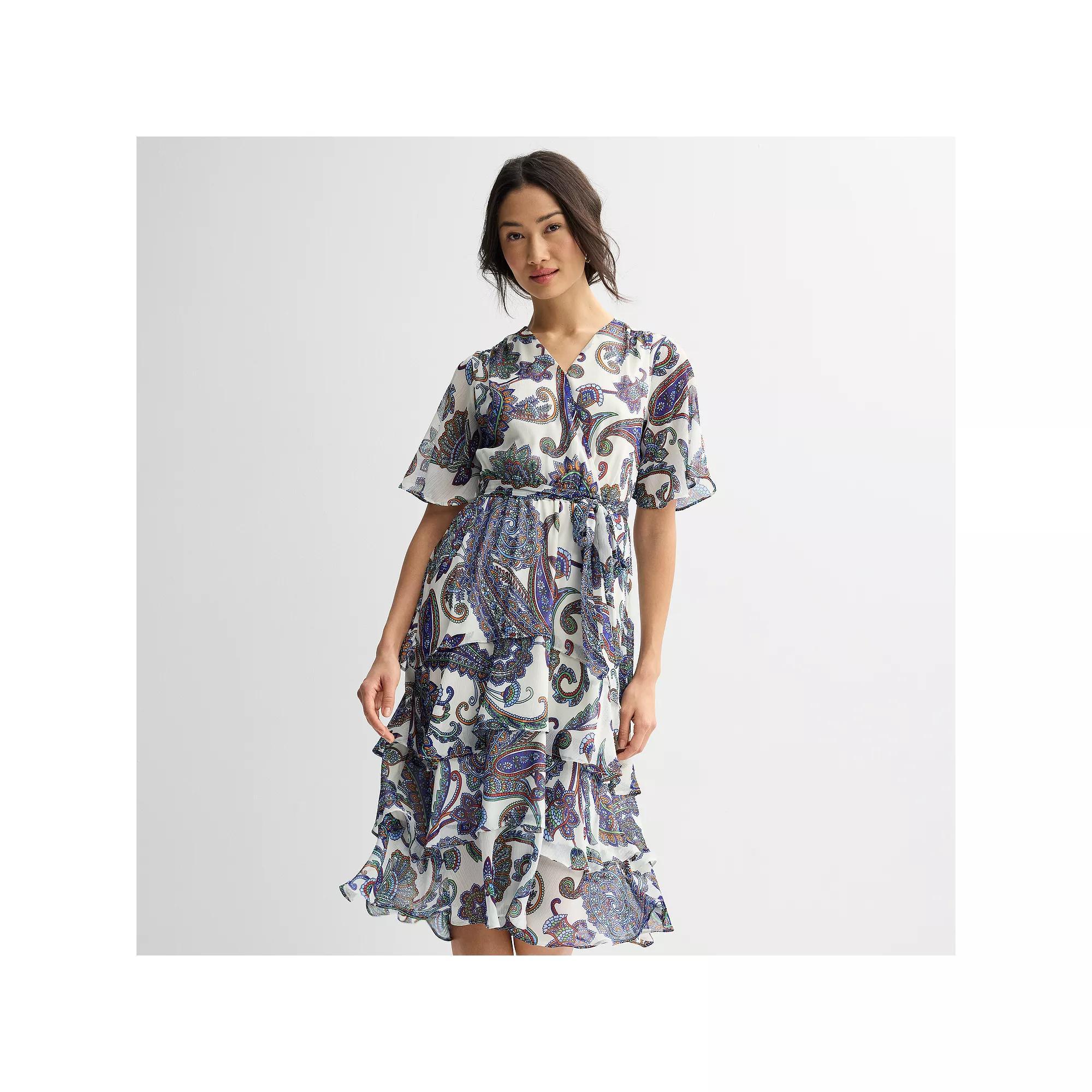 Women's Sandra Darren Surplice Flutter Tiered Midi Dress, Size: Medium, Ivory Blue Paisley Product Image