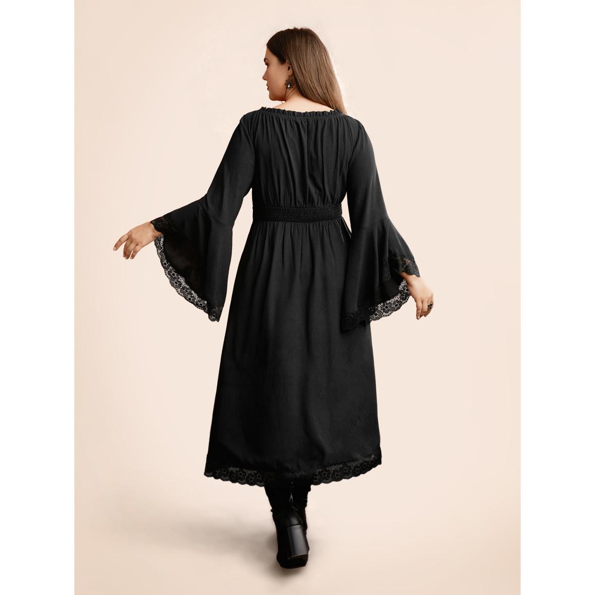 Plus Size Gothic Inspired Lotus Sleeves Midi Dress Black Women Cocktail Woven ribbon&lace trim Party Curvy Bloomchic 18-20/2X Product Image