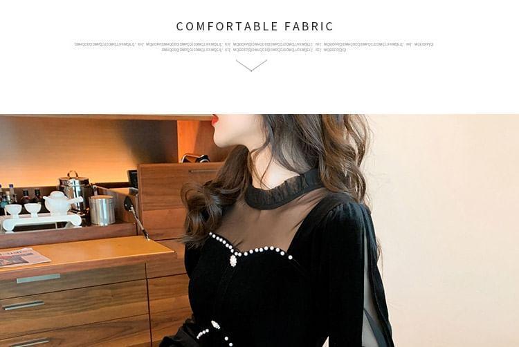 Long-Sleeve Beaded Velvet Mini A-Line Dress Product Image