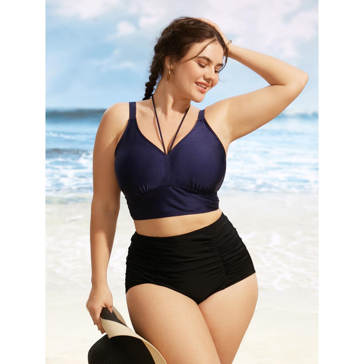 Plus Size Solid V Neck Tie Knot Adjustable Straps Swim Top Women's Swimwear Indigo Beach Tie knot High stretch Skinny V-neck Curve Swim Tops BloomChic 12/L Product Image
