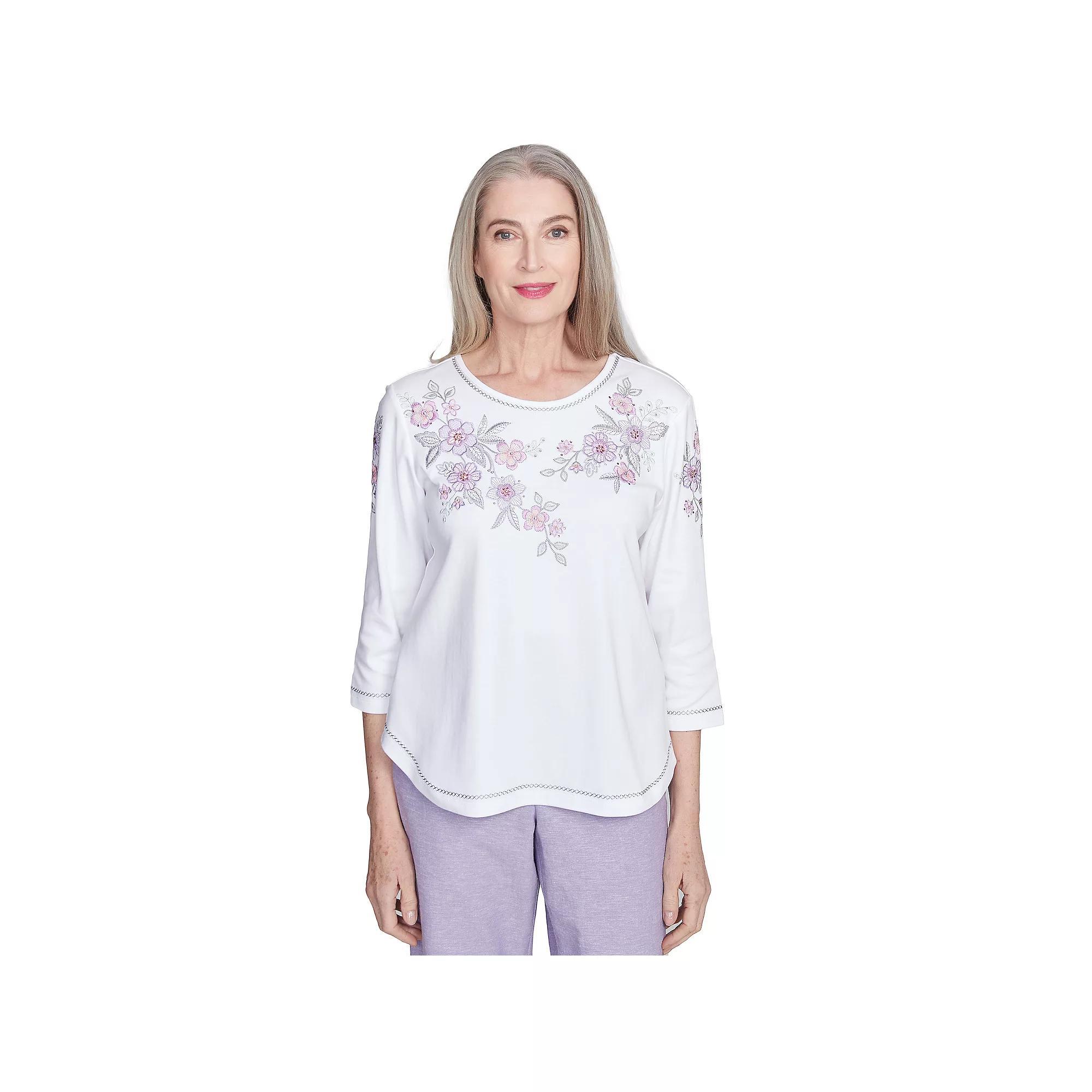 Petite Alfred Dunner Embroidered Flower Neckline Top, Women's, Size: Large Petite, White Product Image