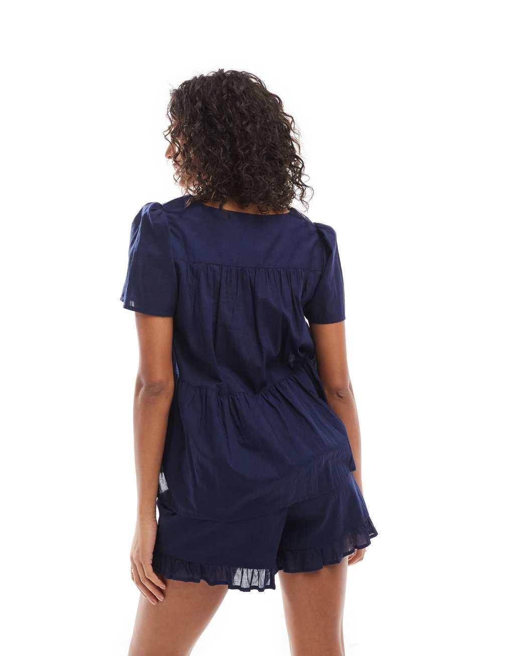 Cotton On short sleeve prairie sleep set in navy coconut milk Product Image