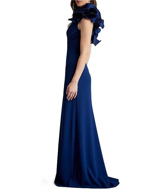 Tadashi Shoji Crepe One Shoulder Sleeveless Taffeta Flower Applique Gown Product Image