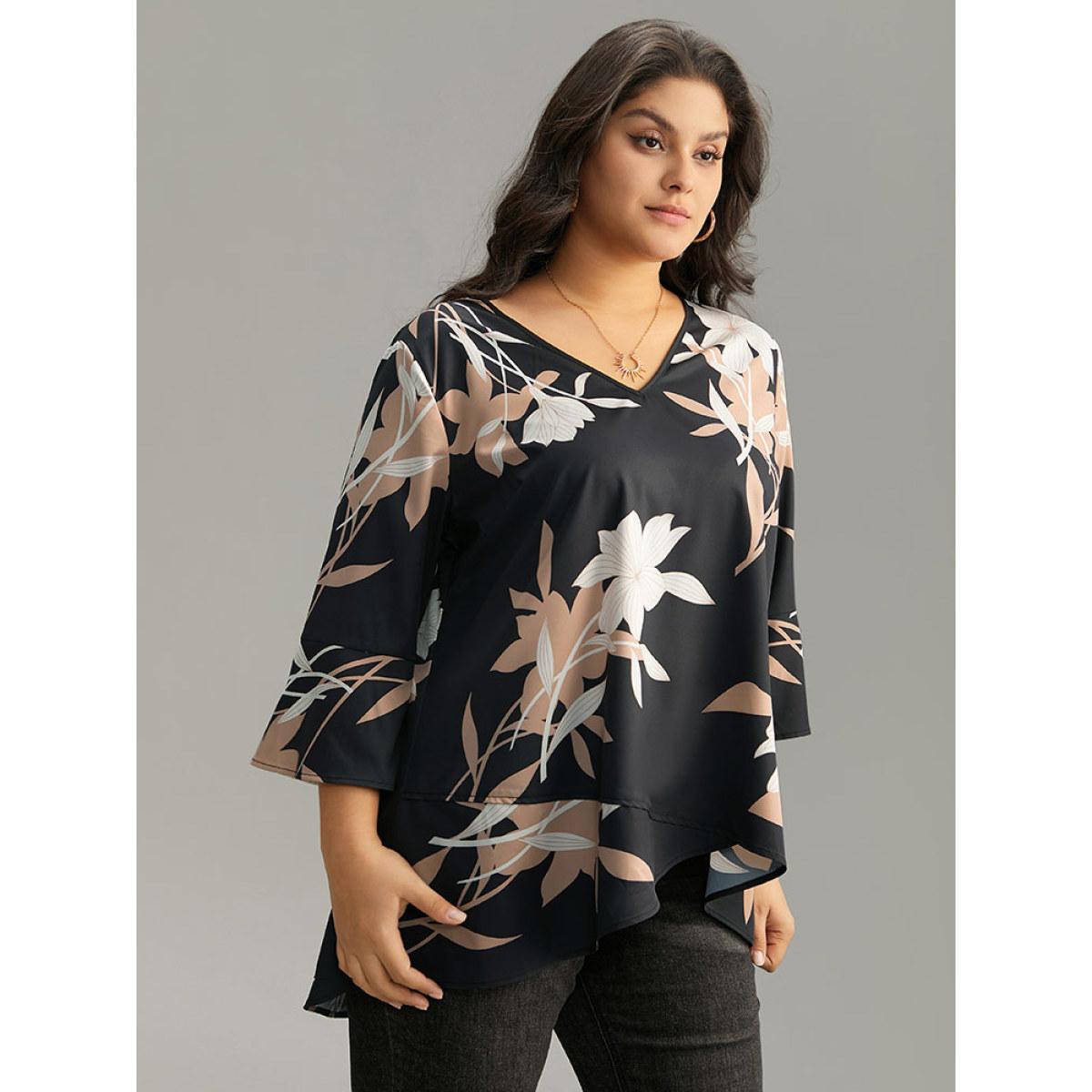 Plus Size Black Floral Print Bell Sleeve Asymmetrical Hem Blouse Women Elegant Elbow-length sleeve V-neck Dailywear Blouses BloomChic 12/L Product Image