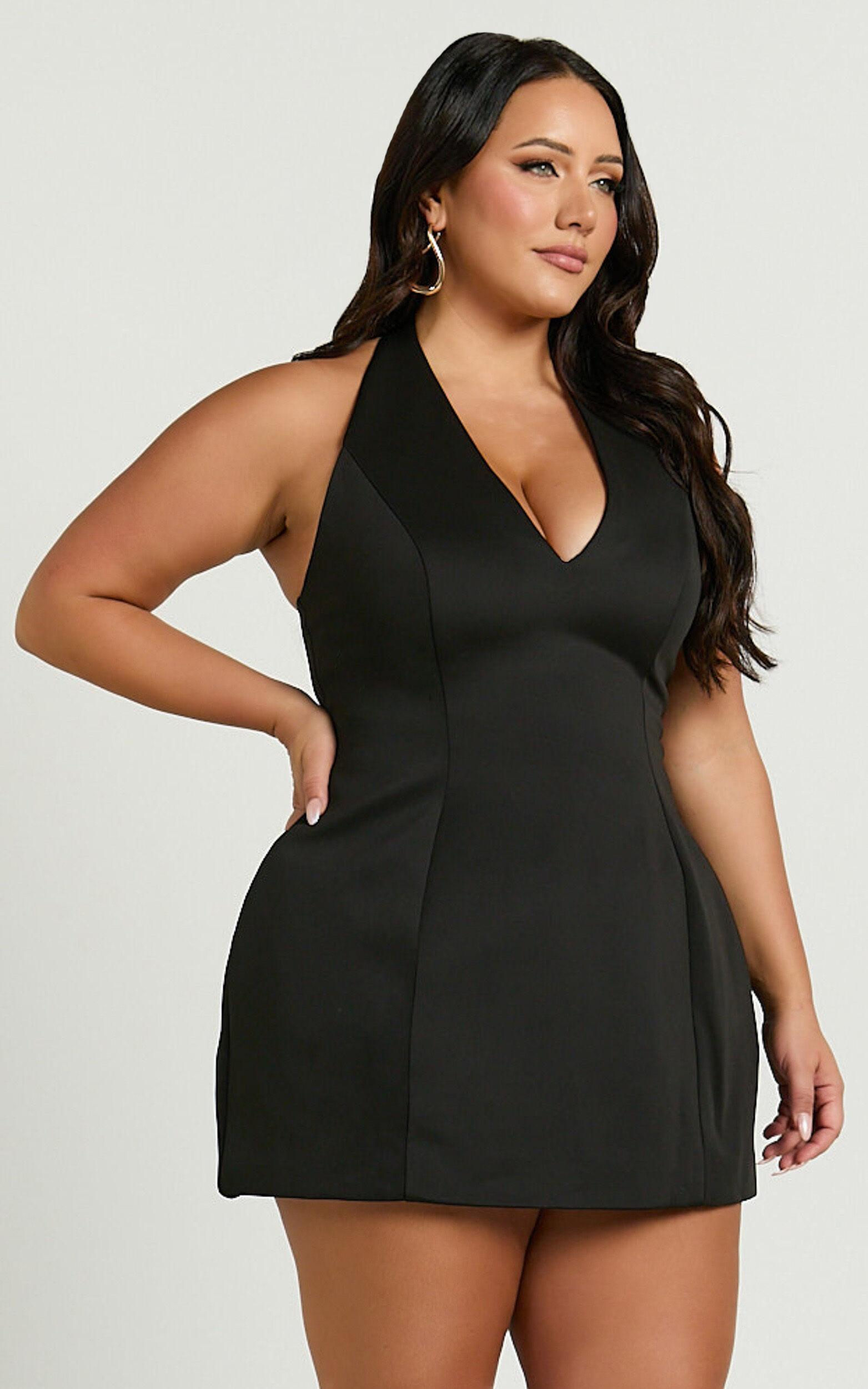 Gaia Mini Dress - Plunge Halter Fit and Flare Dress in Black Product Image