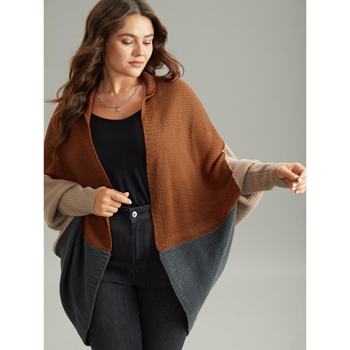 Plus Size Colorblock Batwing Sleeve Patchwork Cardigan DarkBrown Women Casual Loose Long Sleeve Everyday Cardigans BloomChic 30/6X Product Image