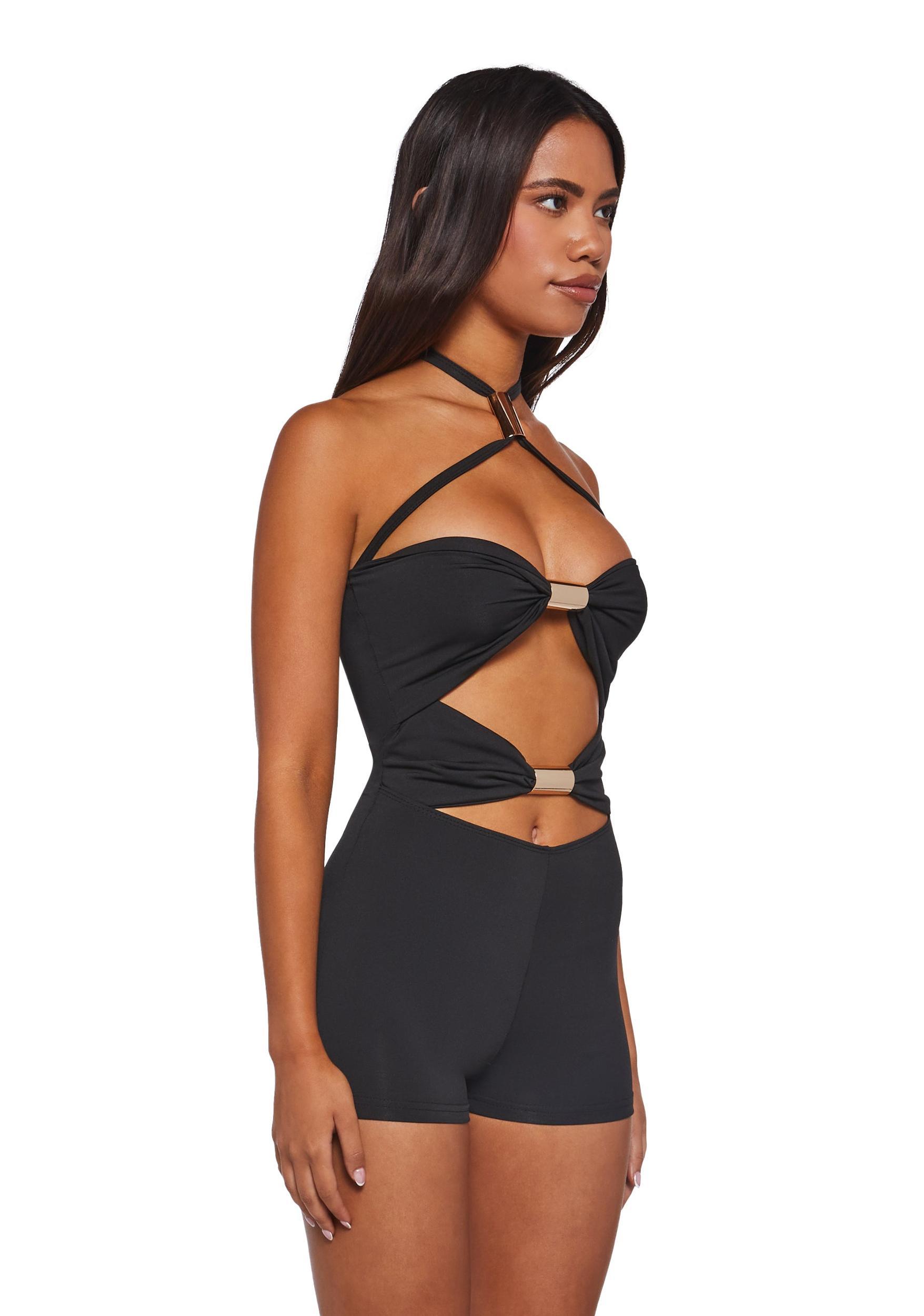 Womens Hardware Halter Cut Out Romper - Black Product Image