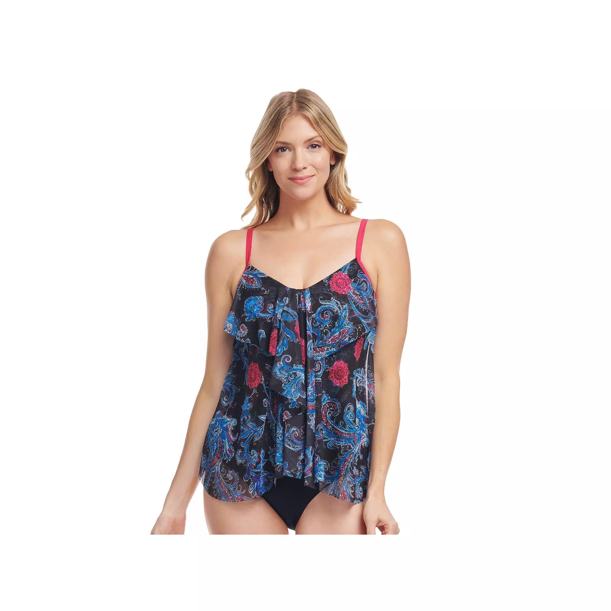 Women's Mazu Sea Breeze Paisley Draped Tier Mesh Tankini Swim Top, Size: 8, Black Linework Product Image
