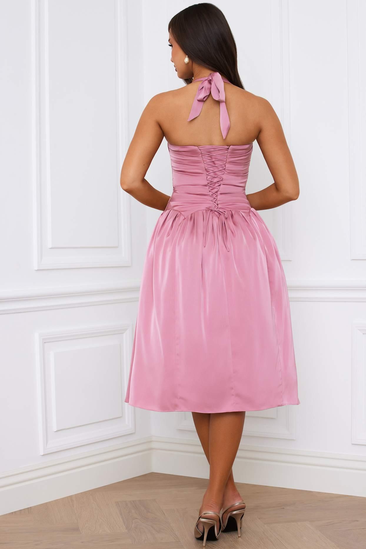 Halterneck Lace-Up Ruched Corset Midi Dress in Mauve Product Image