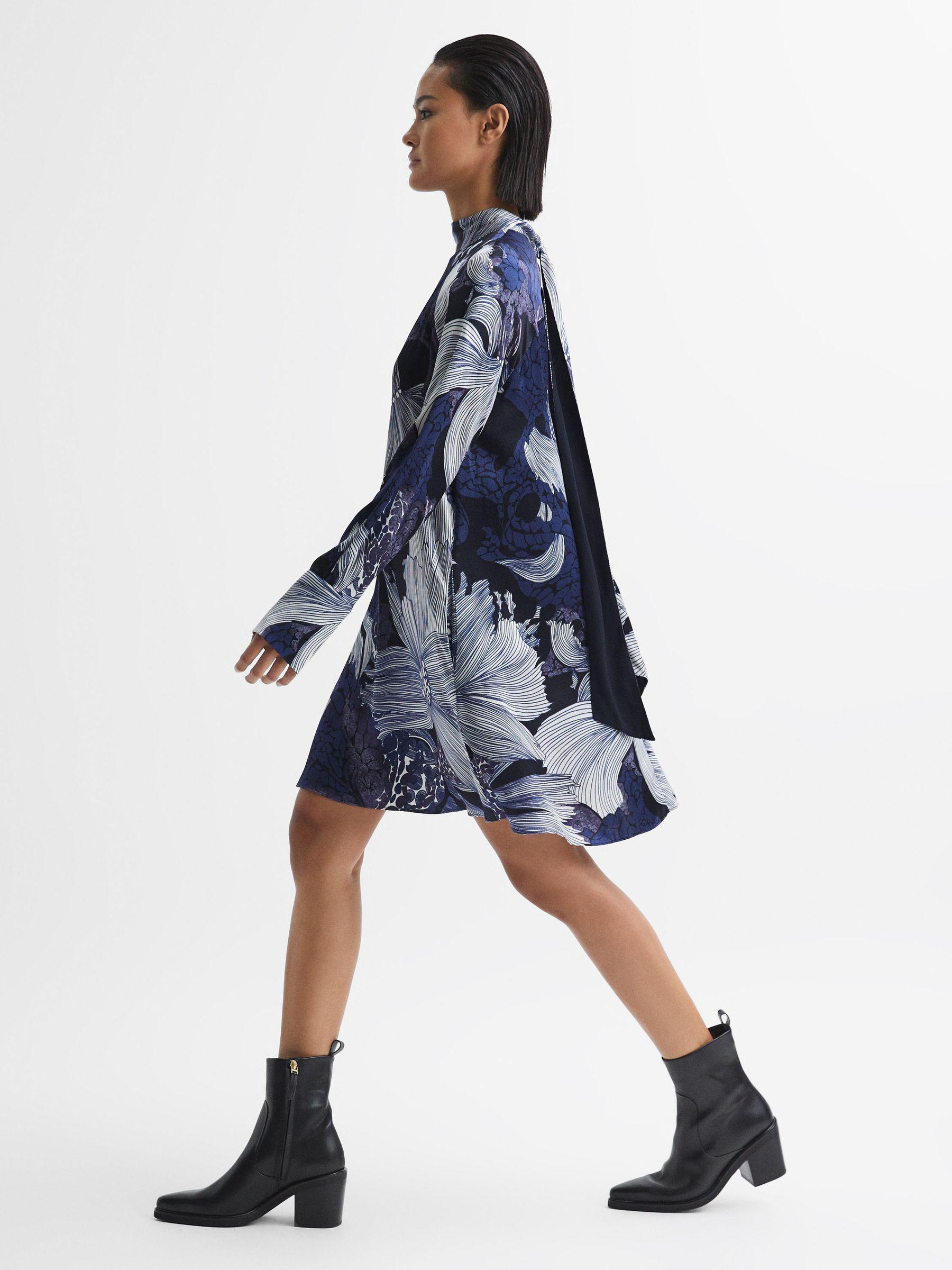 Relaxed Satin Printed Mini Dress in Blue/White Product Image