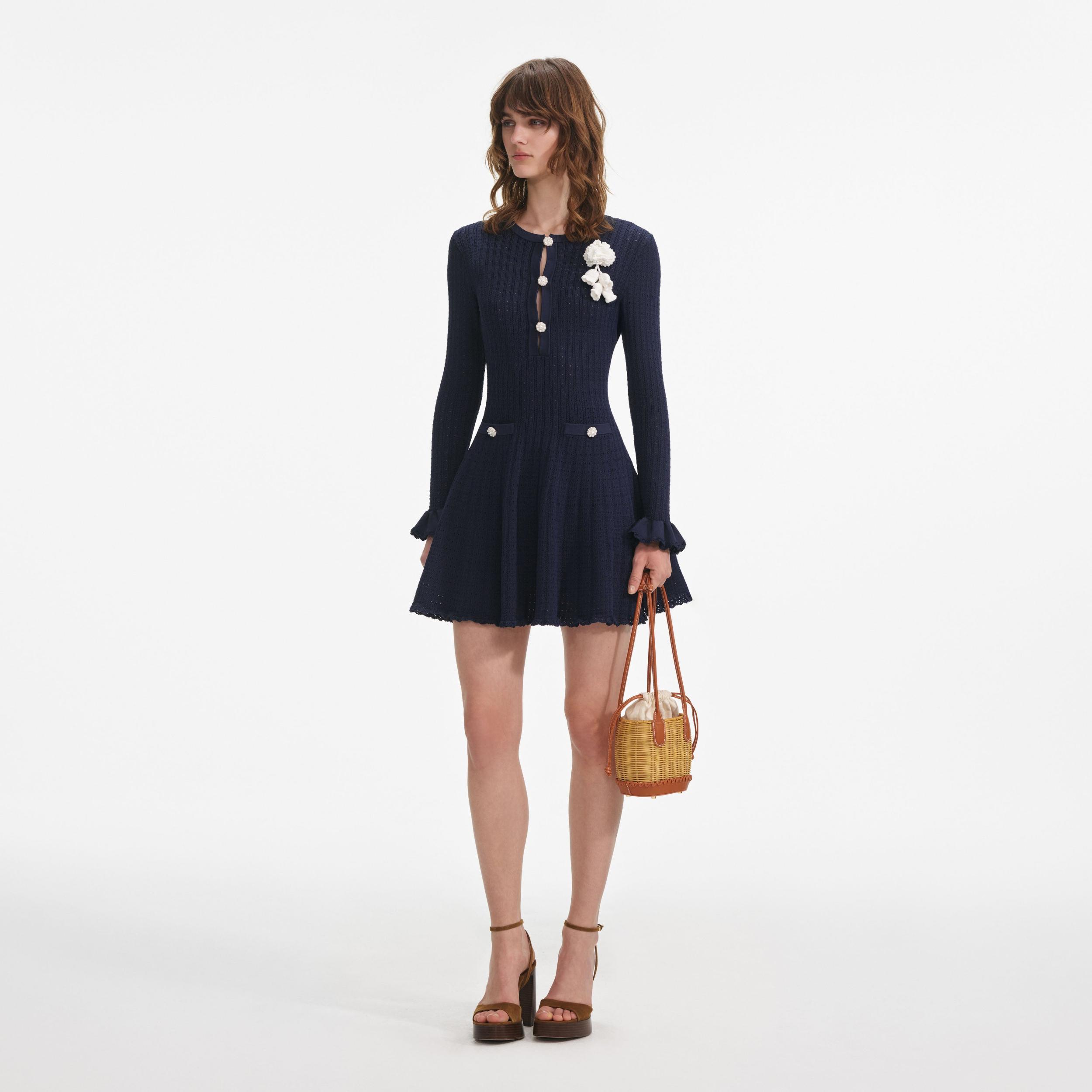 Navy Pointelle Knit Crochet Flower Mini Dress Product Image