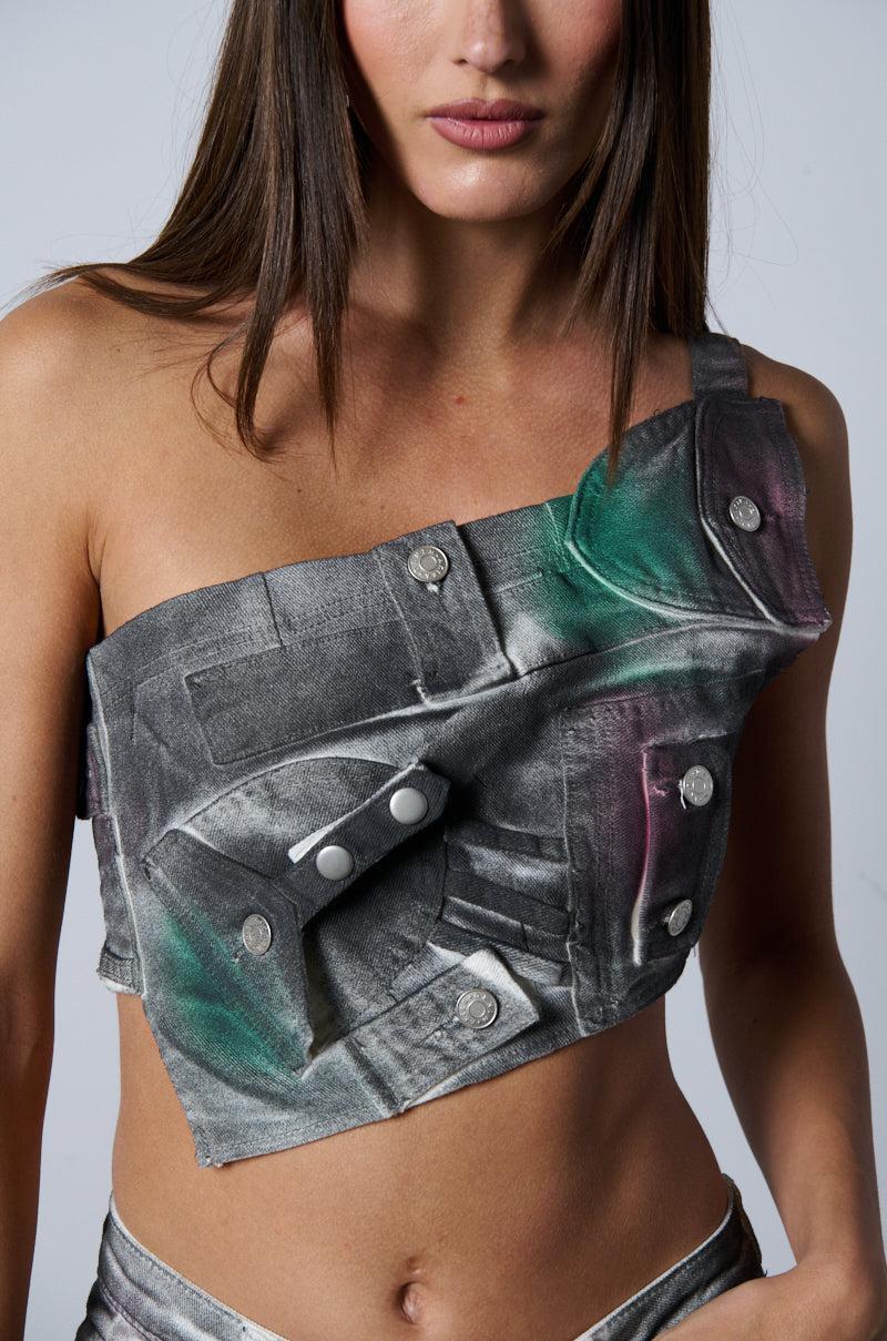 NOT YOURS BRALETTE DETAIL LAYERED PAINTED BUTTON DOWN BLOUSE Product Image