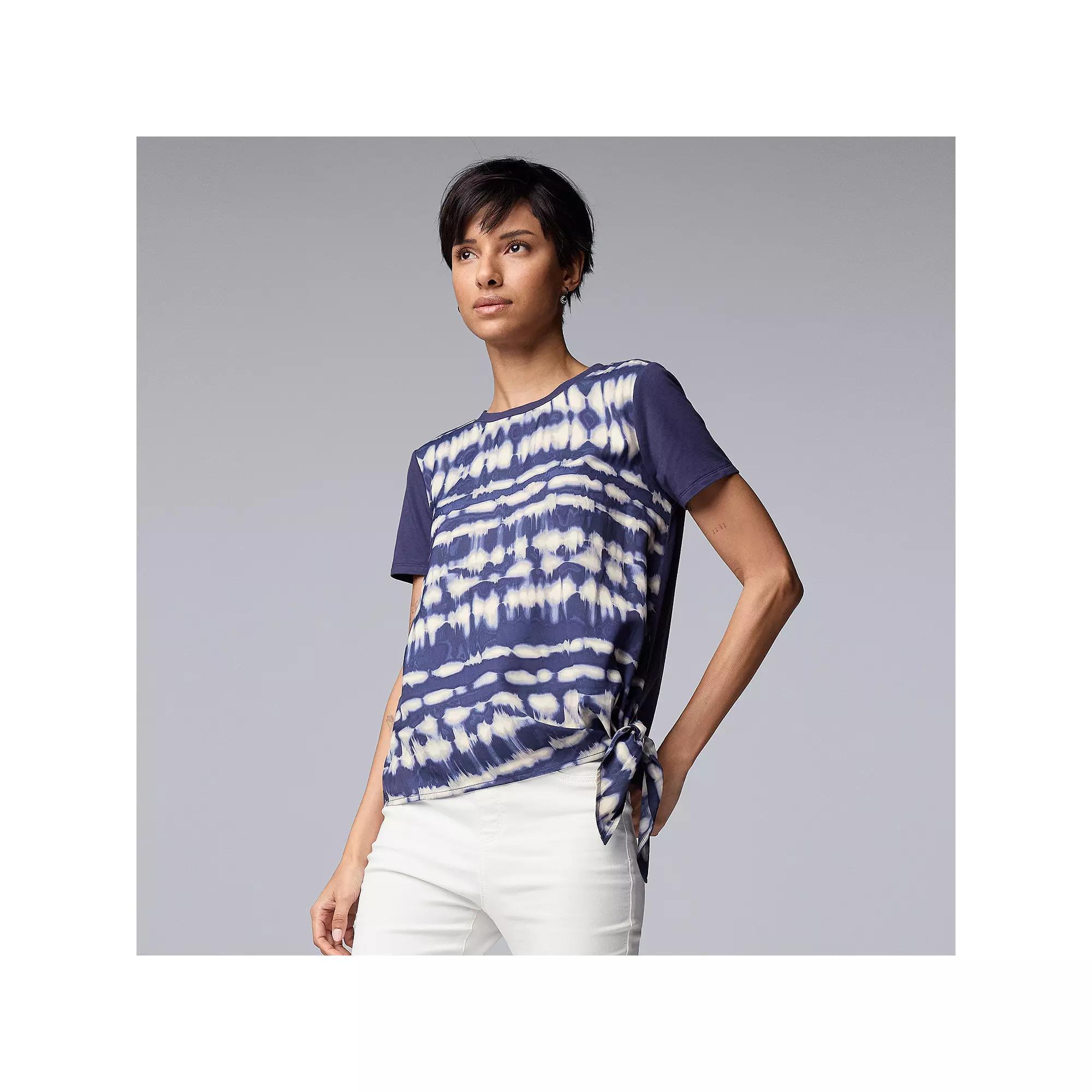 Simply Vera Vera Wang Side-Tie Mixed Media Top, Women's, Size: Large, Blue Stripe Dye Product Image