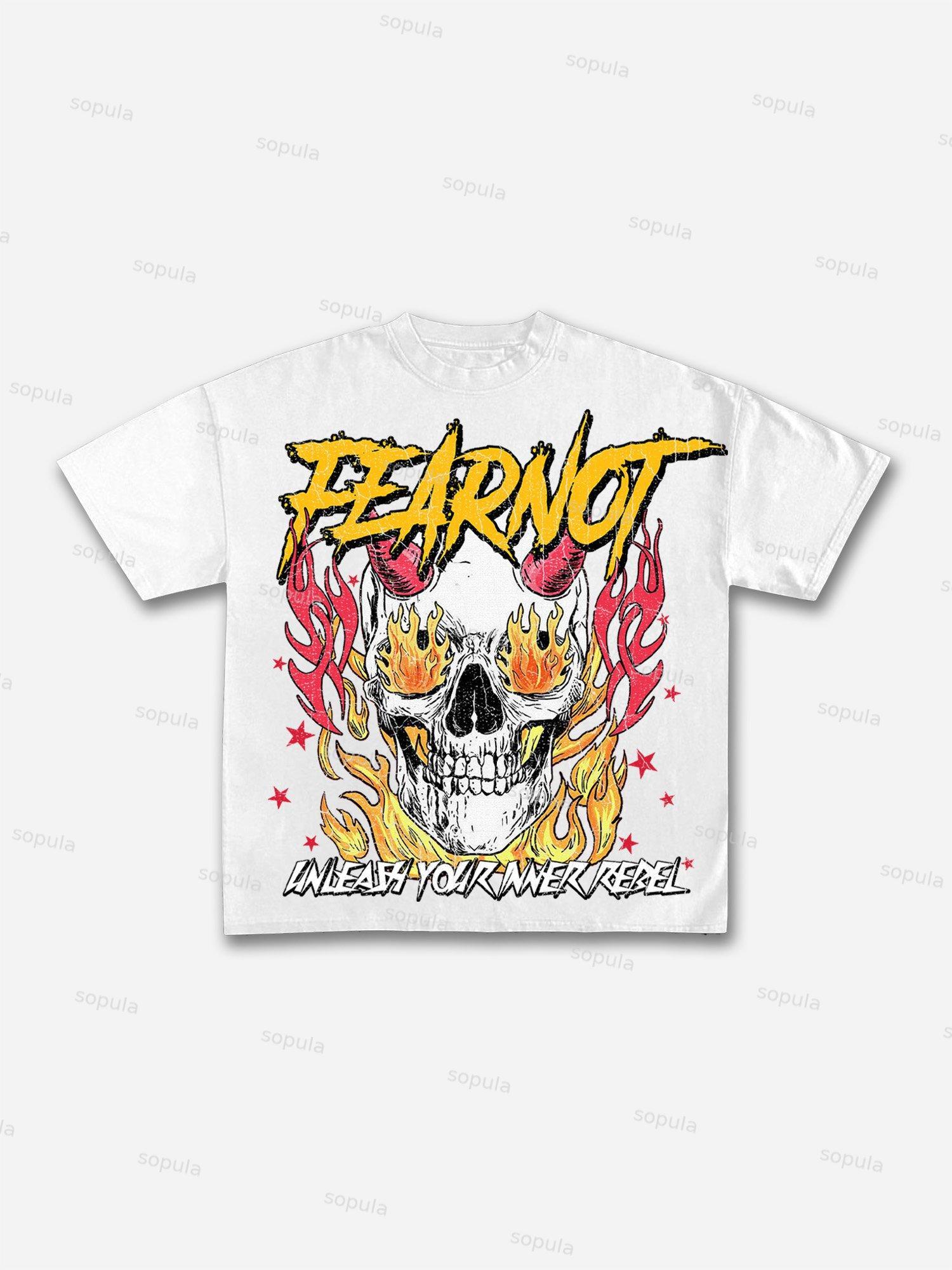 Fear Not Flaming Skull Print Cotton T-shirt Product Image