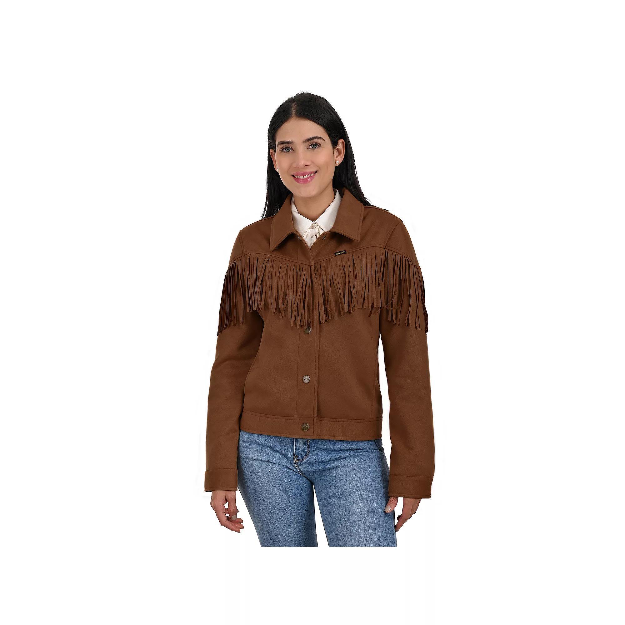 Women's Wrangler Faux Suede Trucker Jacket With Fringe, Size: Large, Dark Brown Product Image