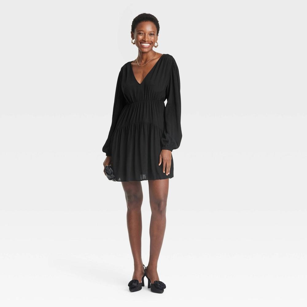 Womens Balloon Long Sleeve Dropped Waist Mini A-Line Dress - A New Day Black XS Product Image