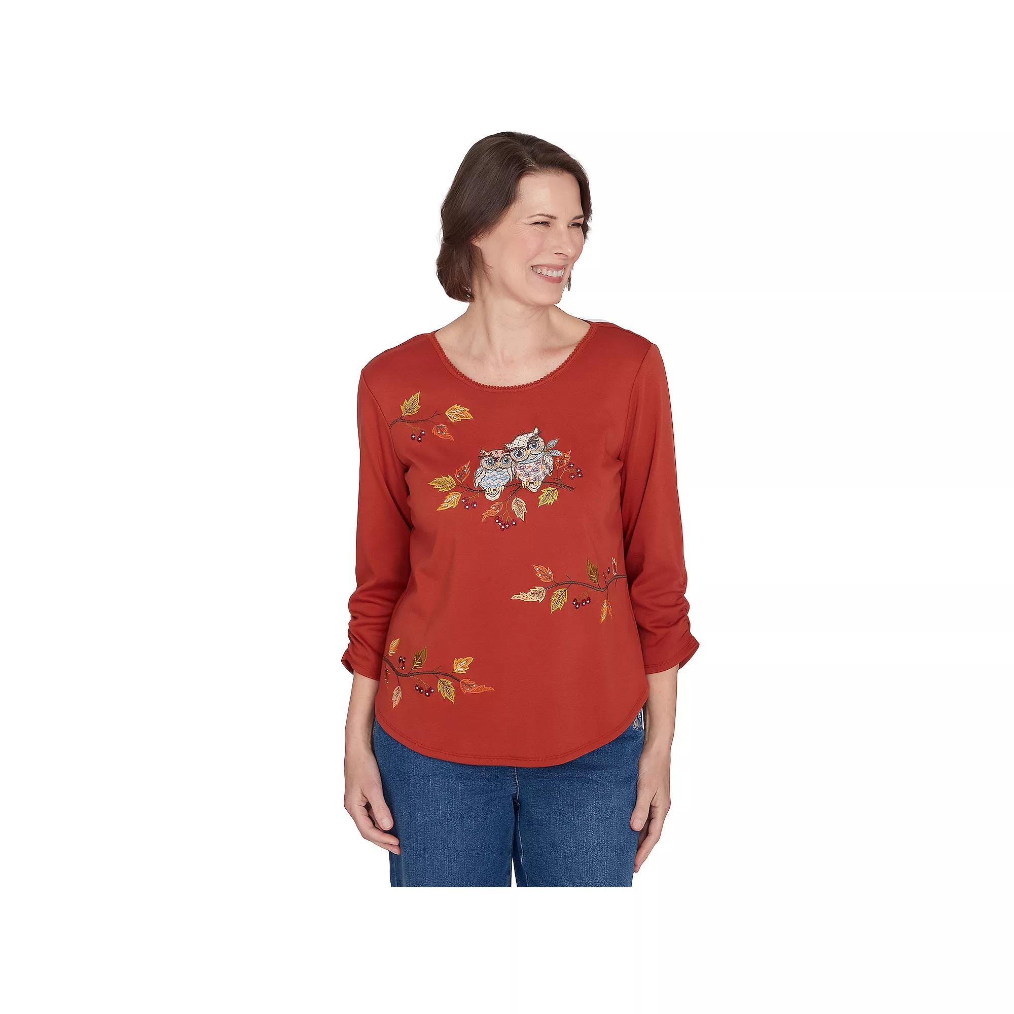 Women's Alfred Dunner Nuzzling Owls Ruched Sleeve Top, Size: XL, Terracotta Product Image