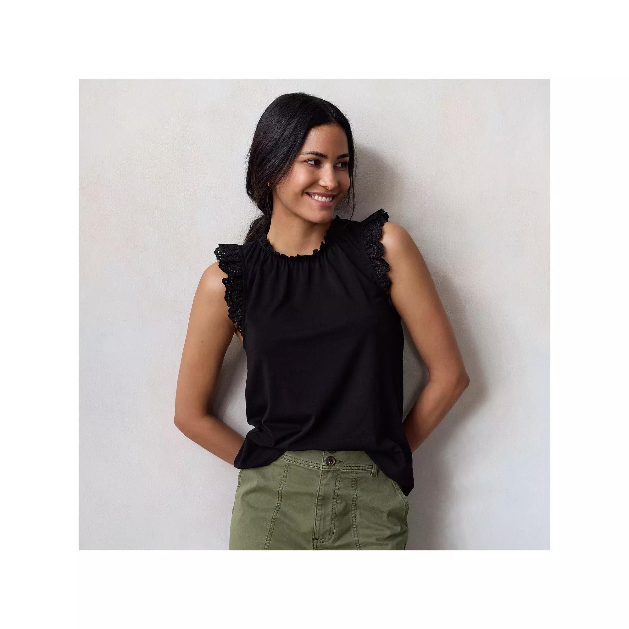 Women's LC Lauren Conrad Lace Ruffle Sleeve Crewneck Tank Top, Size: Large, Black Product Image