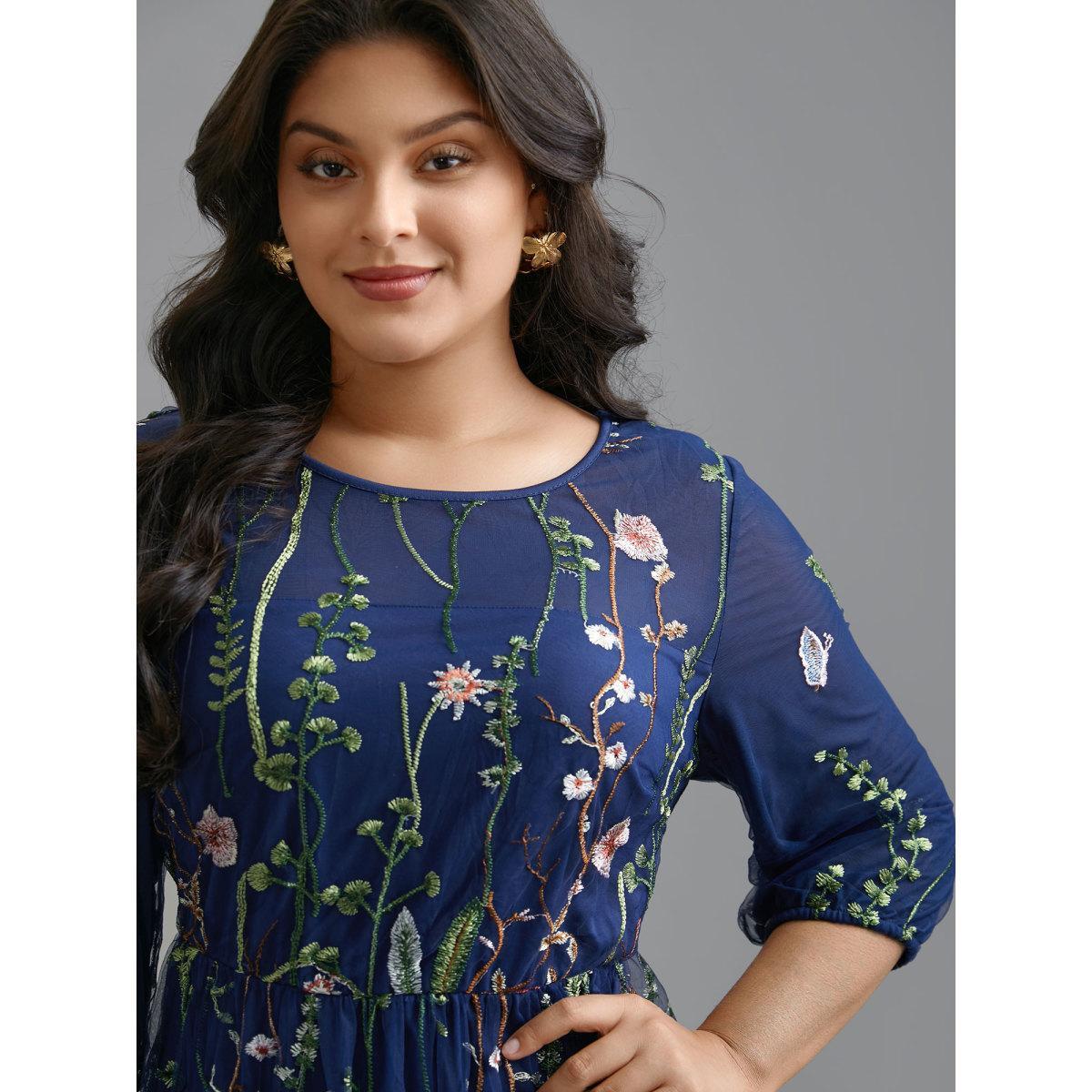 Plus Size Floral Embroidered Elastic Waist Lined Midi Dress Navy Women Cocktail Texture Party Curvy Bloomchic 30/6X Product Image