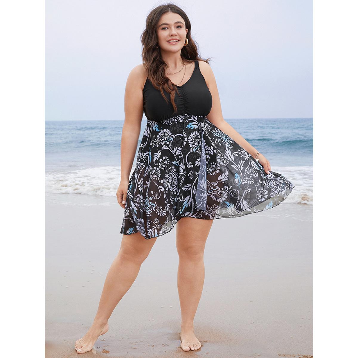 Plus Size Floral Patchwork Gathered Adjustable Straps Swim Dress Women's Swimwear BlackFlower Vacation Bodycon V-neck High stretch Curve Swim Dresses BloomChic 10/M Product Image