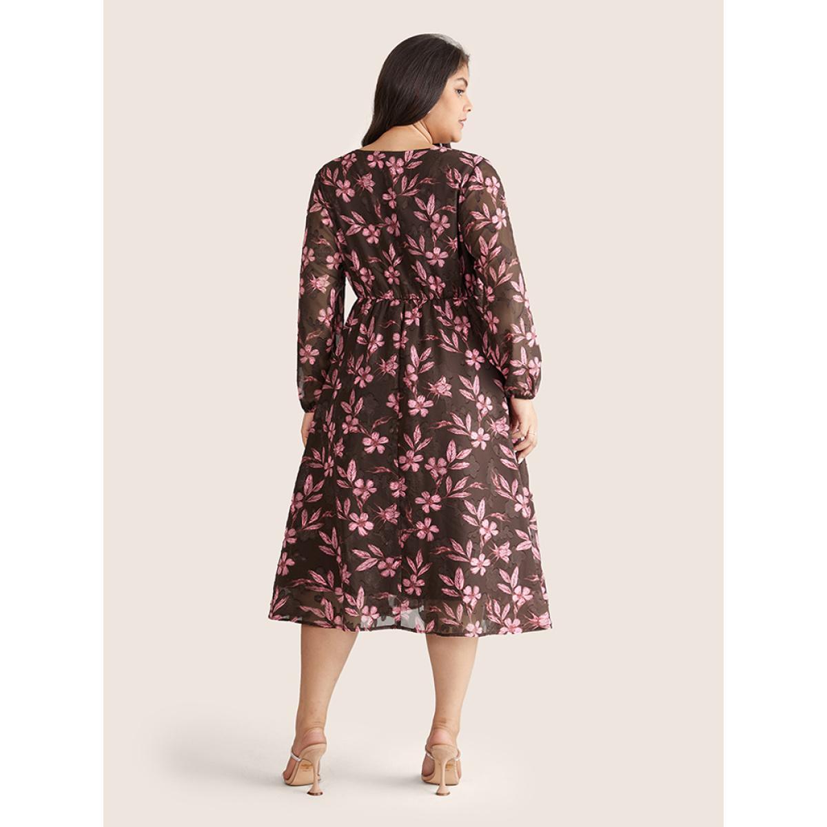 Plus Size Floral Mesh Patchwork Lantern Sleeve Wrap Dress DarkBrown Women Elegant Elastic cuffs Overlap Collar Long Sleeve Curvy Midi Dress BloomChic 14-16/1X Product Image