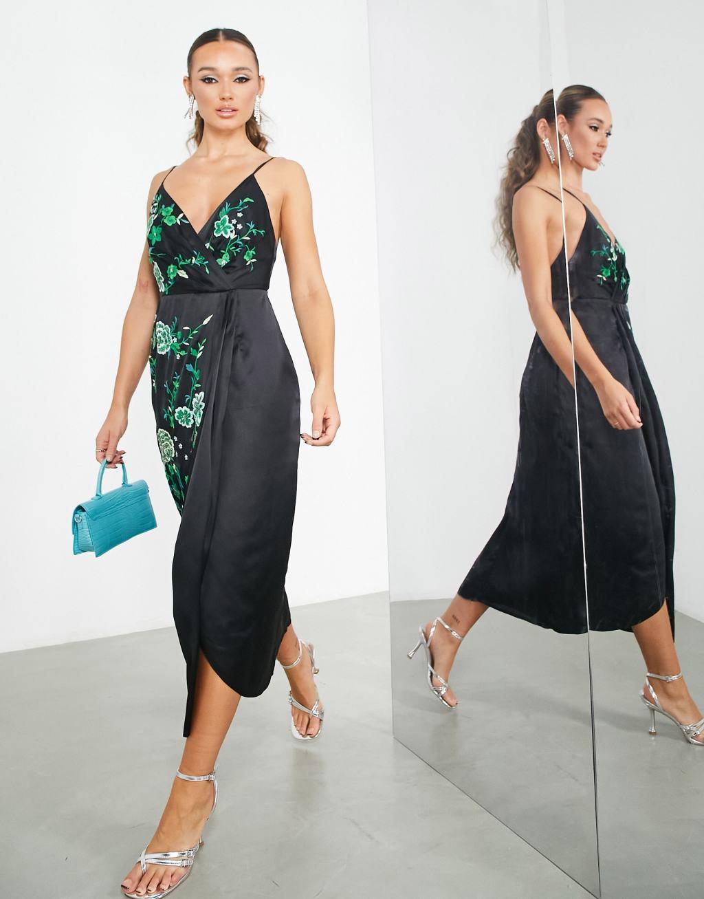 ASOS EDITION satin drape side cami midi dress with floral embroidery Product Image