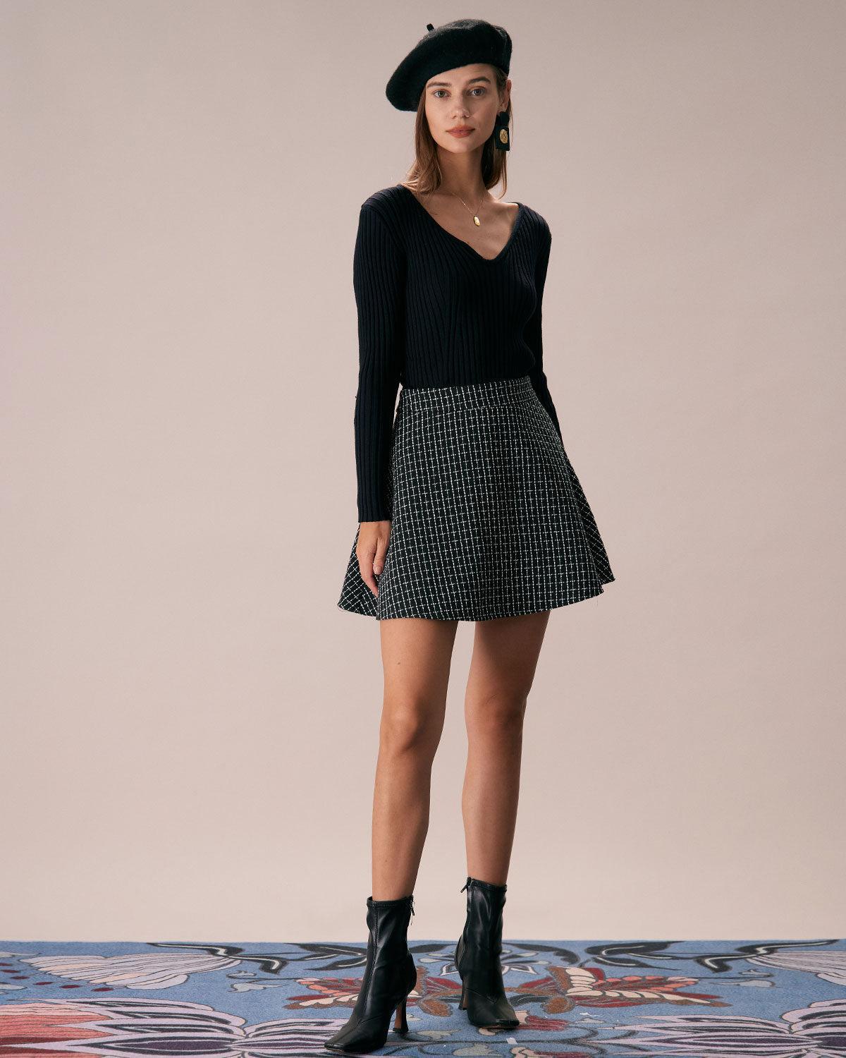 The Black High Waisted Plaid Tweed Mini Skirt Product Image