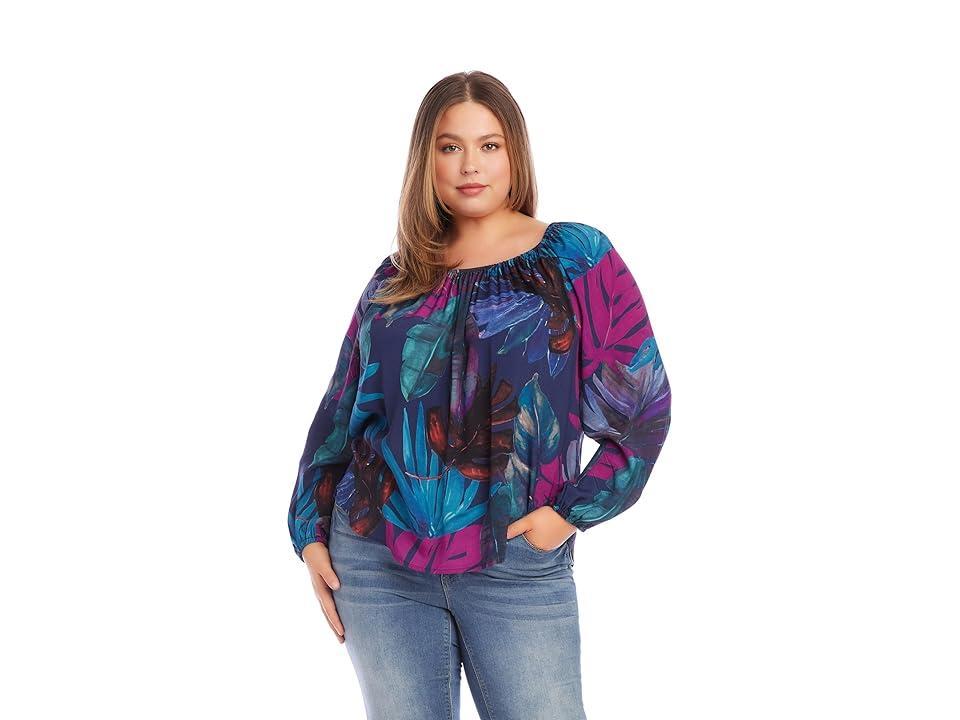 Karen Kane Plus Size Tropical Leaf Print Scoop Neck Long Blouson Sleeve Peasant Top Product Image