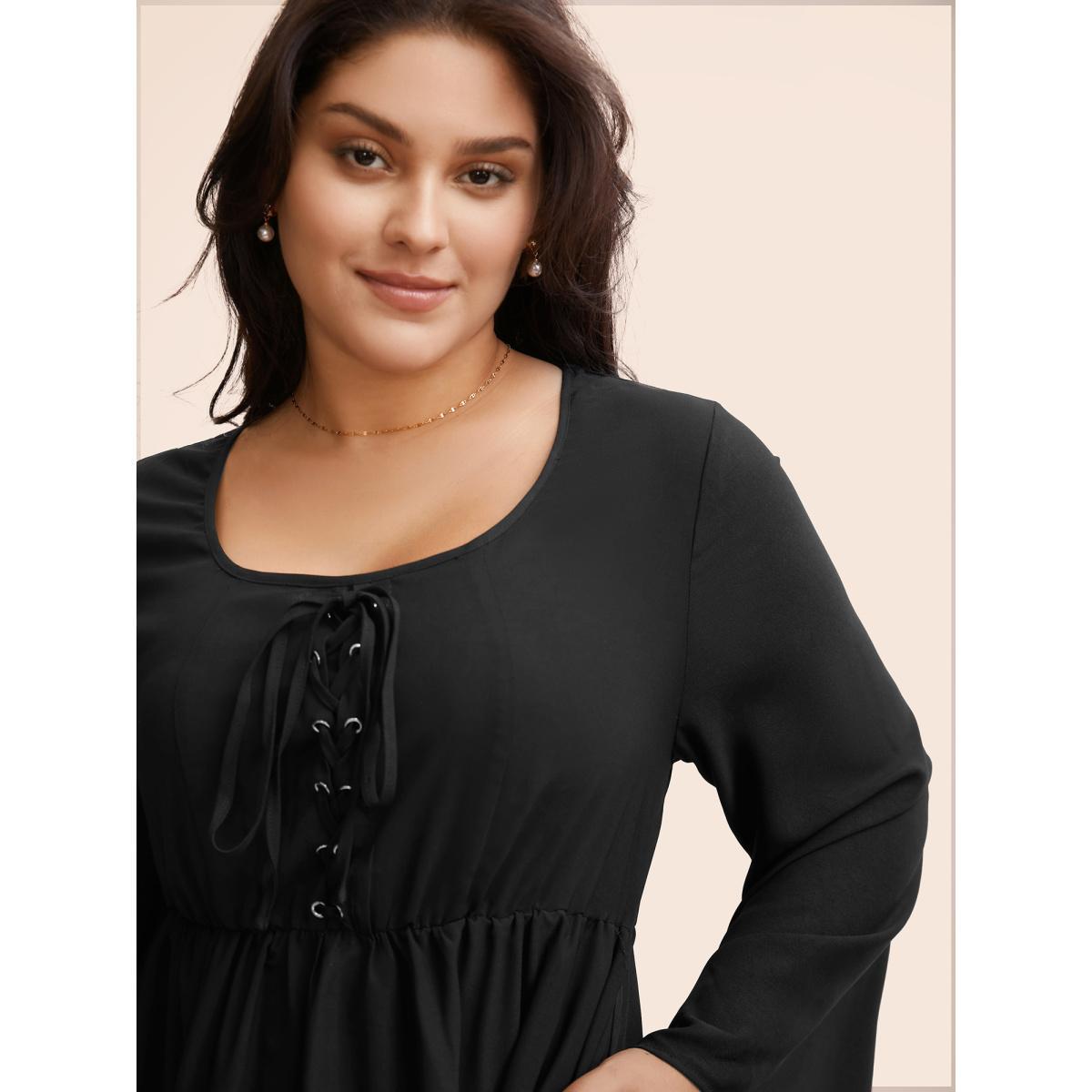 Plus Size Solid Bell Sleeve Pocket Ties High Low Hem Dress Black Women Elegant Non V-neck Long Sleeve Curvy Midi Dress BloomChic 26/4X Product Image