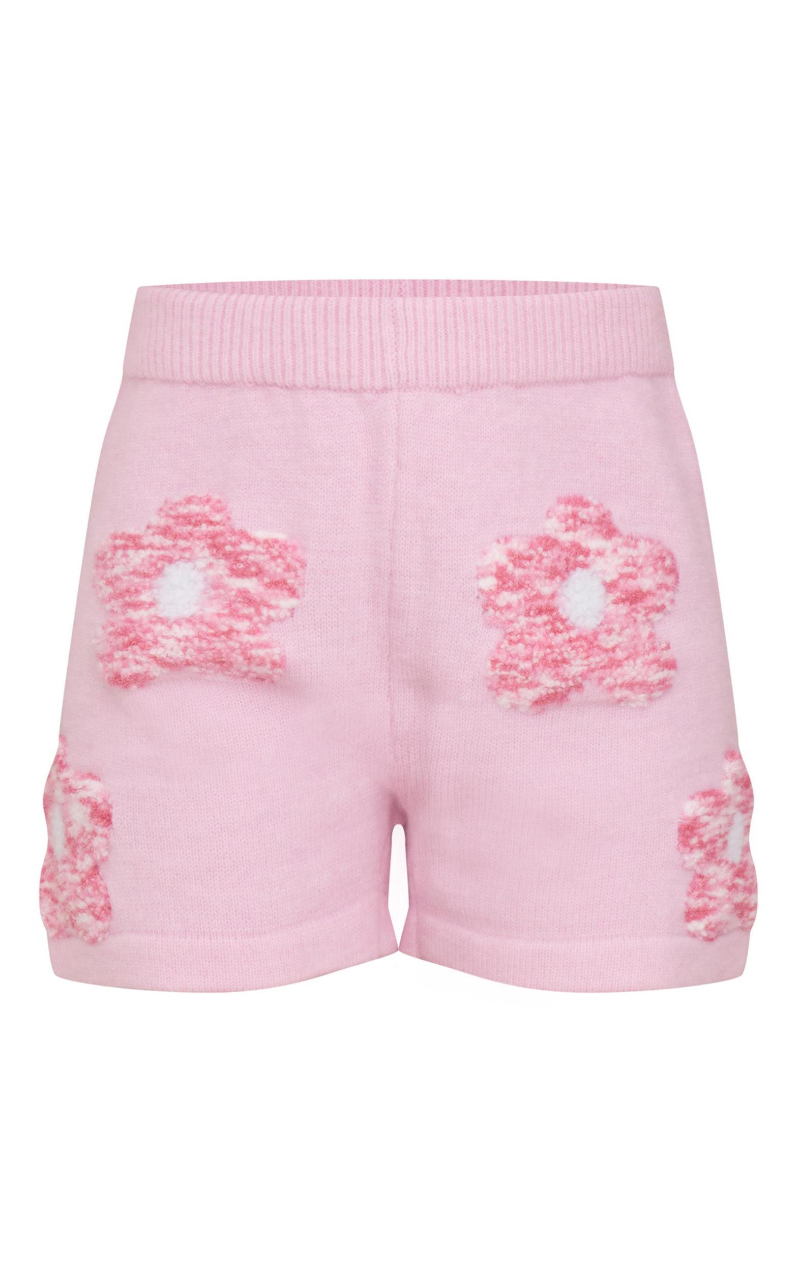 Pink Textured Flower Knitted Shorts Product Image
