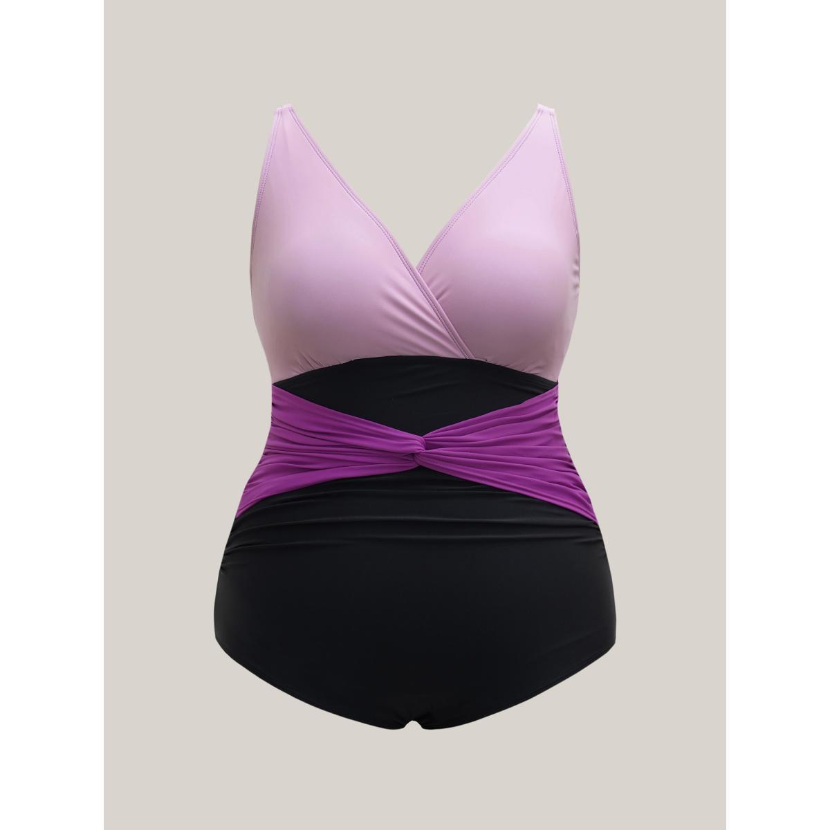 Plus Size Color Block Ruched One-Piece Swimsuit Women's Swimwear Lilac Beach Twist Curve Bathing Suits High stretch One Pieces BloomChic 14-16/1X Product Image