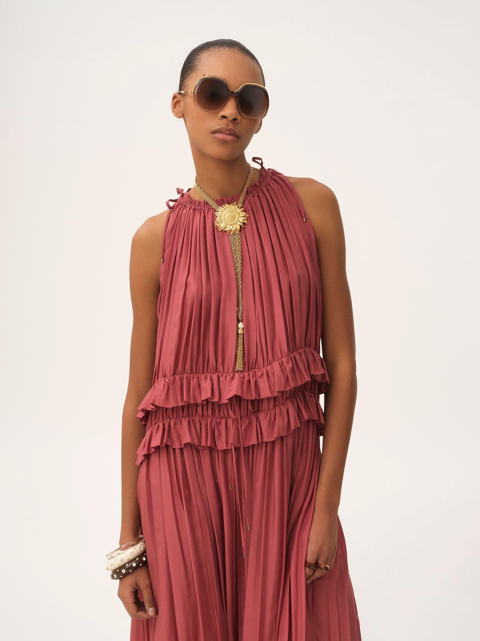 Sleeveless long dress in washed silk pongé Product Image