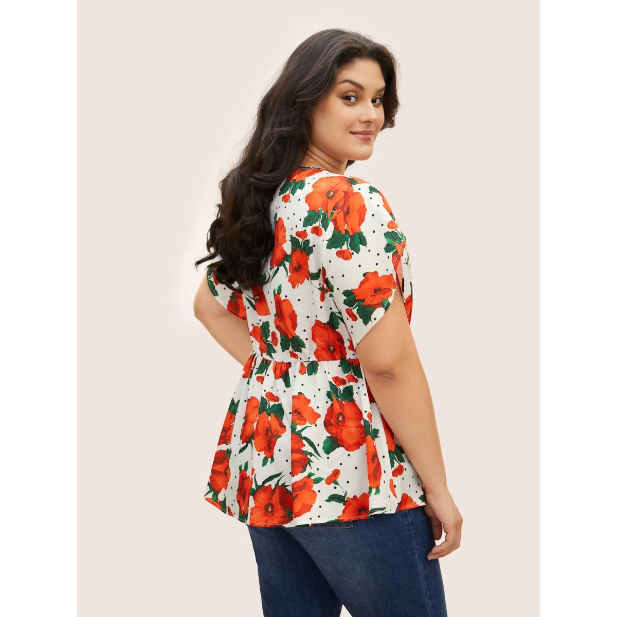 Plus Size Raspberry Overlap Collar Floral Elastic Waist Petal Sleeve Blouse Women Elegant Short sleeve Overlap Collar Everyday Blouses BloomChic 14-16/1X Product Image