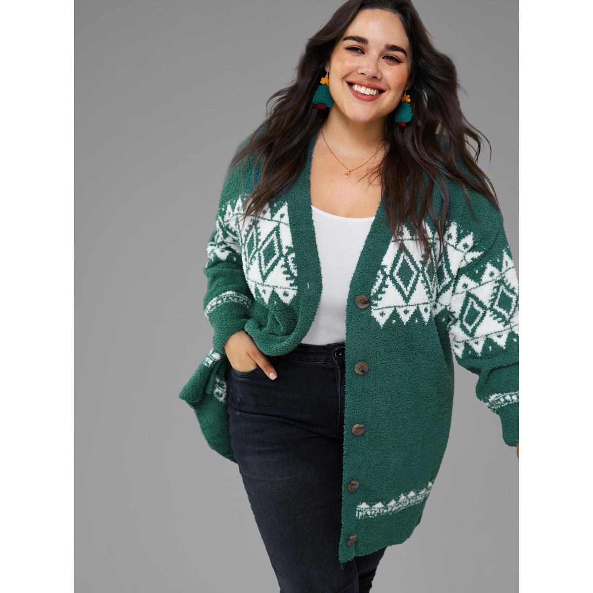 Plus Size Fuzzy Geo Graphic Button Fly Cardigan DarkGreen Women Casual Loose Long Sleeve Festival-Christmas Cardigans BloomChic 14-16/1X Product Image