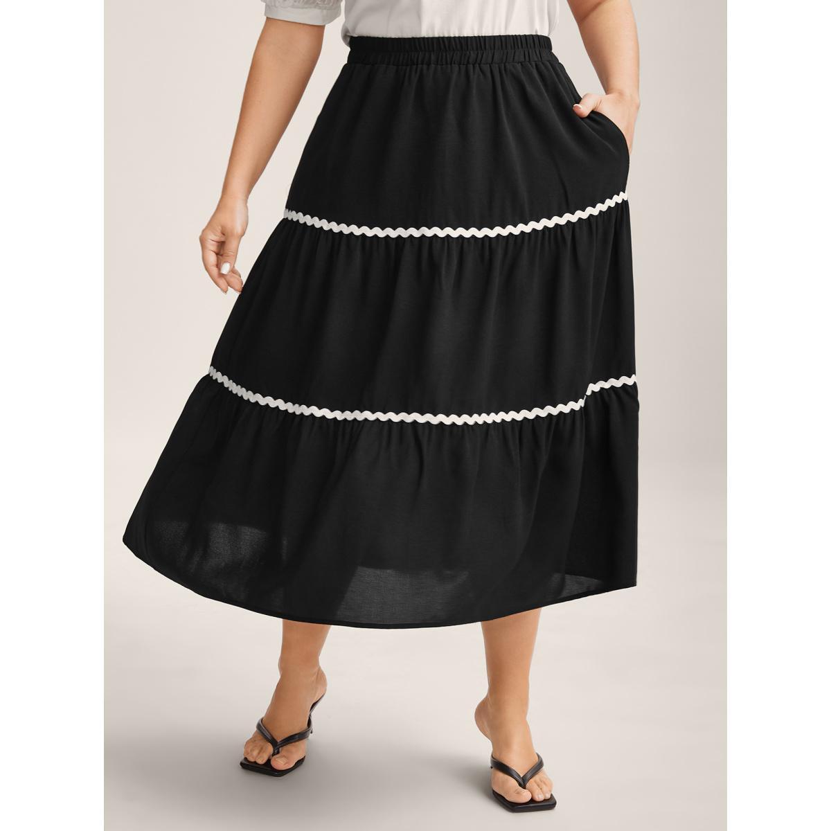 Plus Size Wavy Lace Trim Tiered Maxi Skirt Women Black No stretch Side seam pocket Everyday-Elegant Skirts BloomChic 10/M Product Image